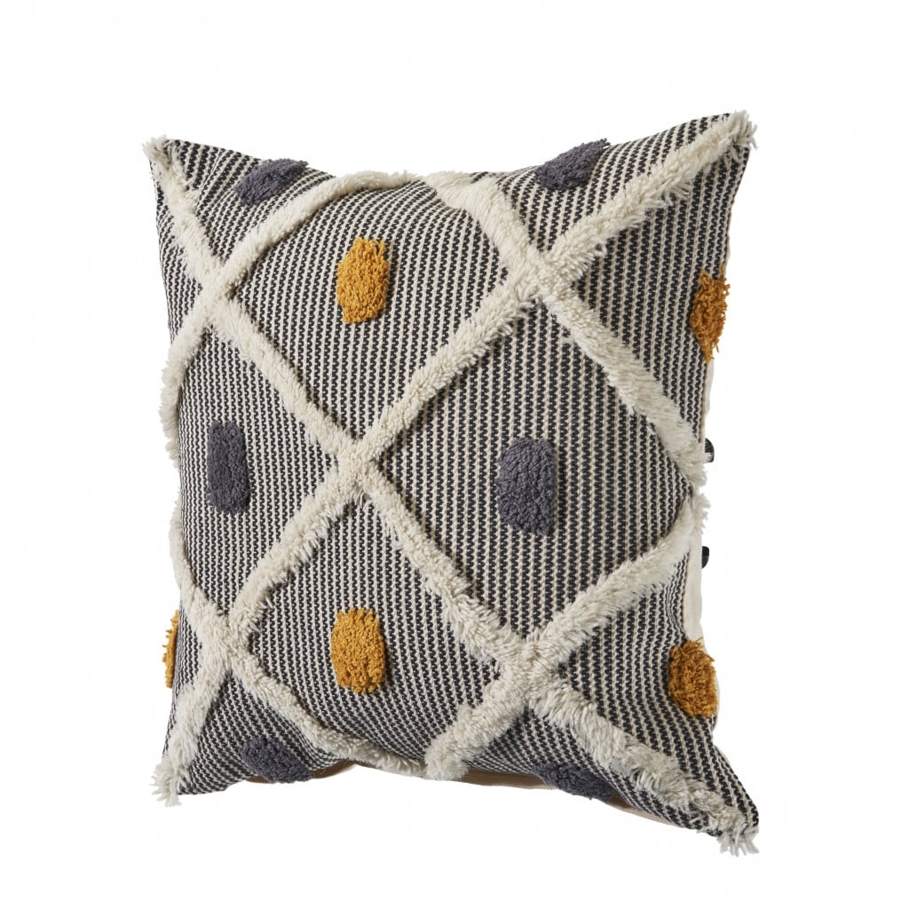 HomeRoots 20 Gray Ivory and Yellow Striped Cotton Throw Pillow With Texture