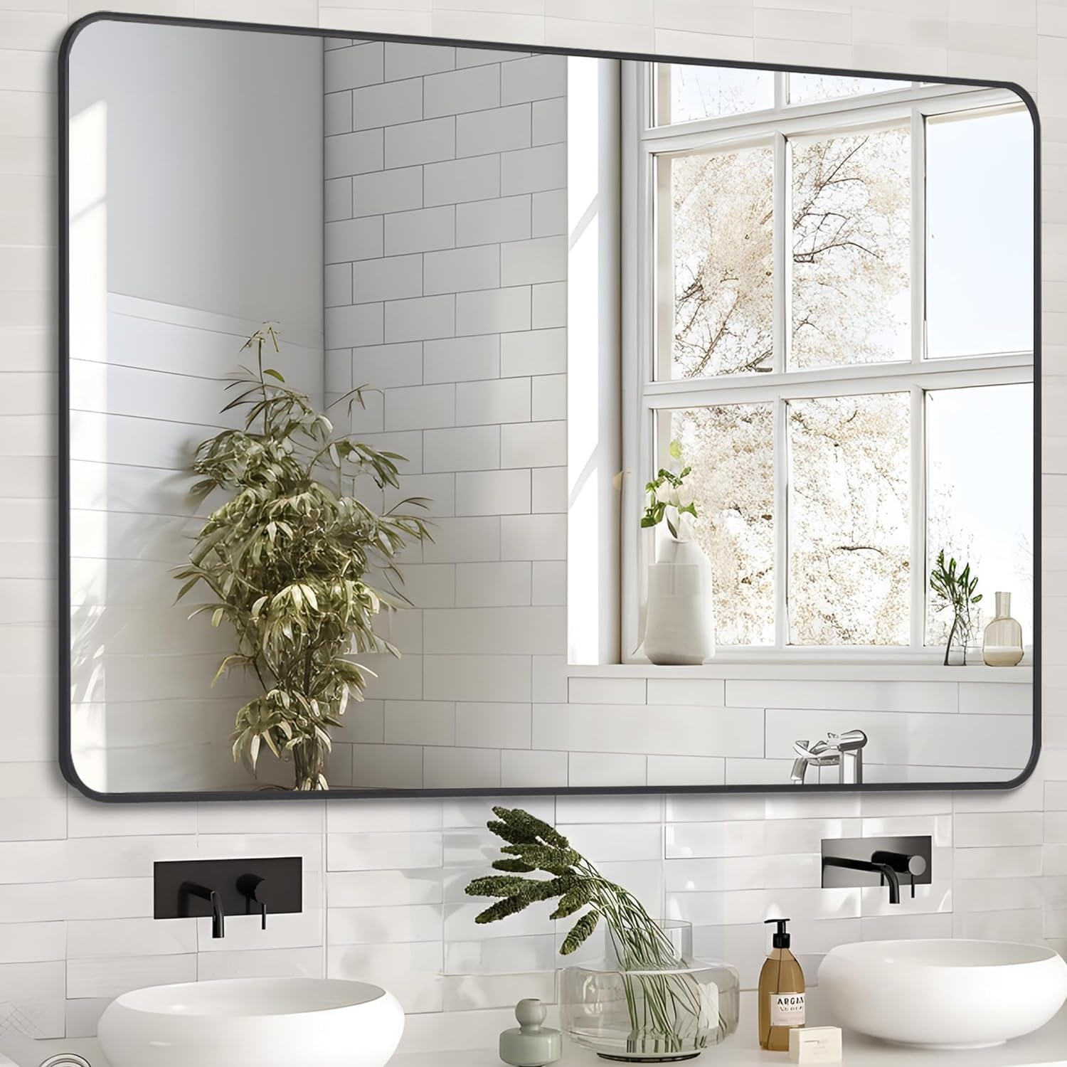 Black Metal Framed Mirror Rectangle Wall Mount Bathroom Vanity Mirror