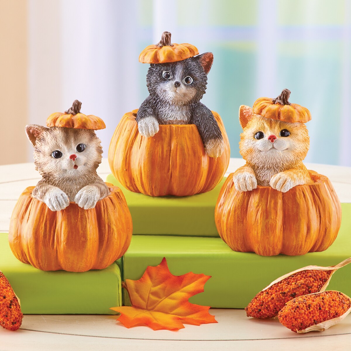 Hand-Painted Pumpkin Cat Sitter Figurines - 12.250 x 6.800 x 5.500