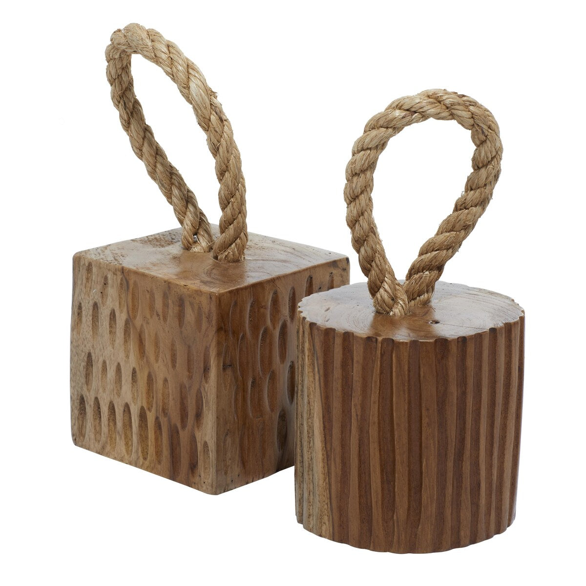 Teak Wood Geometric Handmade Door Stopper Decorative Sculpture with Rope Accent - Set of 2 Brown - Roche River Decor