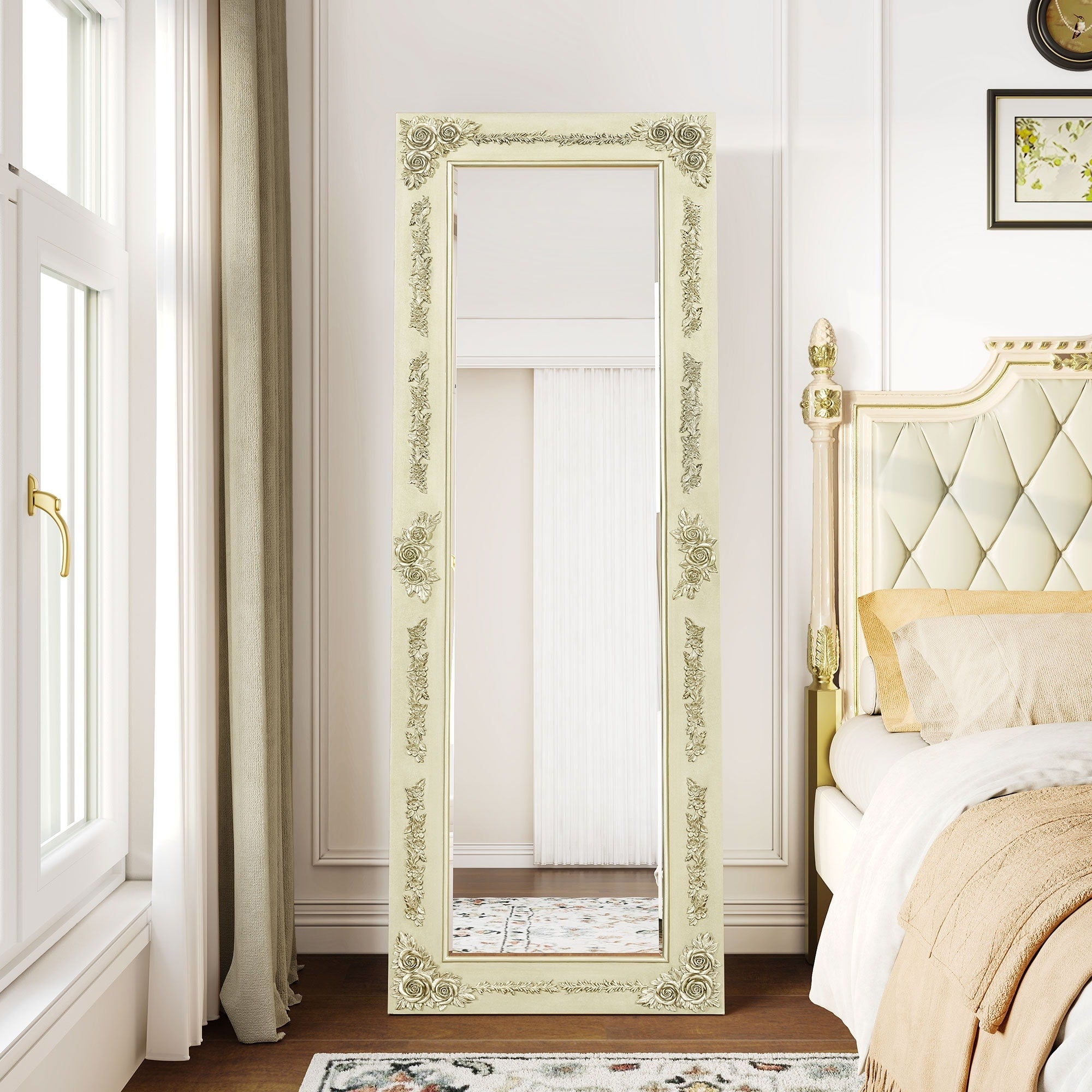 Moasis Floral Wooden Frame Full Length Floor Wall Mirror Standing Dressing Mirror