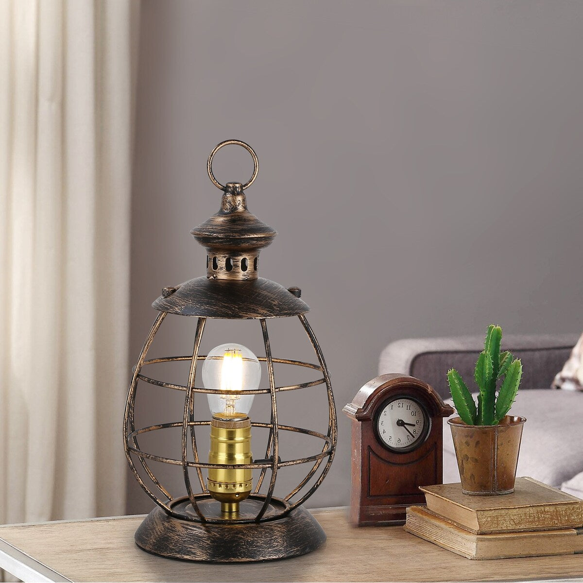 Antique Industrial Modern Electric Lantern Table Lamp for Bedroom Bedside, Metal Cage Shade Reading Desk Lamp for Living Room