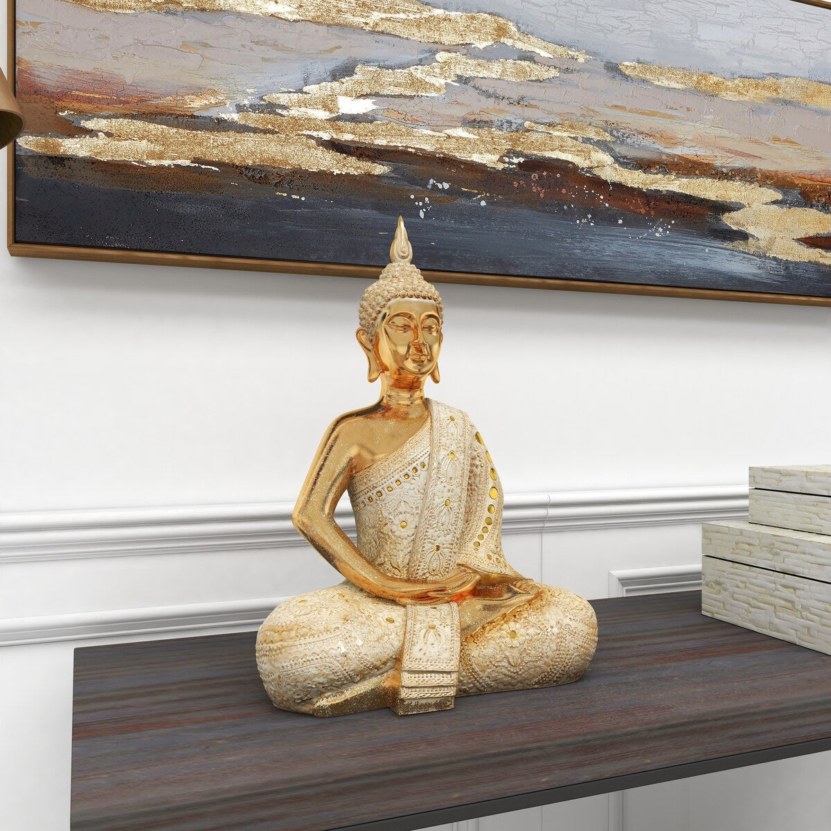 Polystone Buddha Meditating Decorative Sculpture with Intricate Carvings and Mirrored Embellishments - Gold - Roche River Decor