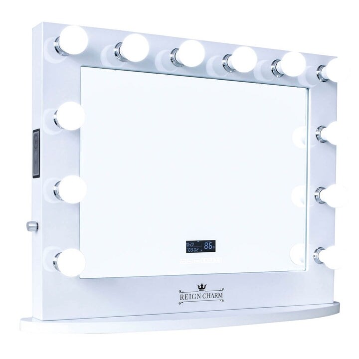 ReignCharm Hollywood Vanity Mirror with Bluetooth Speakers, 12 LED Lights, Dual Outlets& USB, 32W x 27H, White