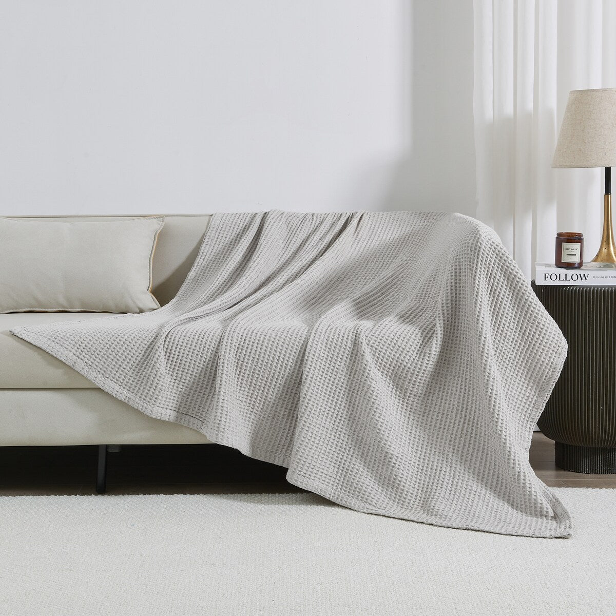 Linery & Co. 100% Cotton All-Season Lightweight Waffle Weave Knit Throw Blanket