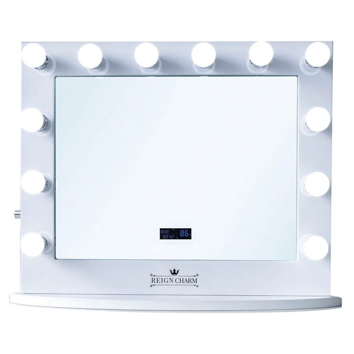 ReignCharm Hollywood Vanity Mirror with Bluetooth Speakers, 12 LED Lights, Dual Outlets& USB, 32W x 27H, White