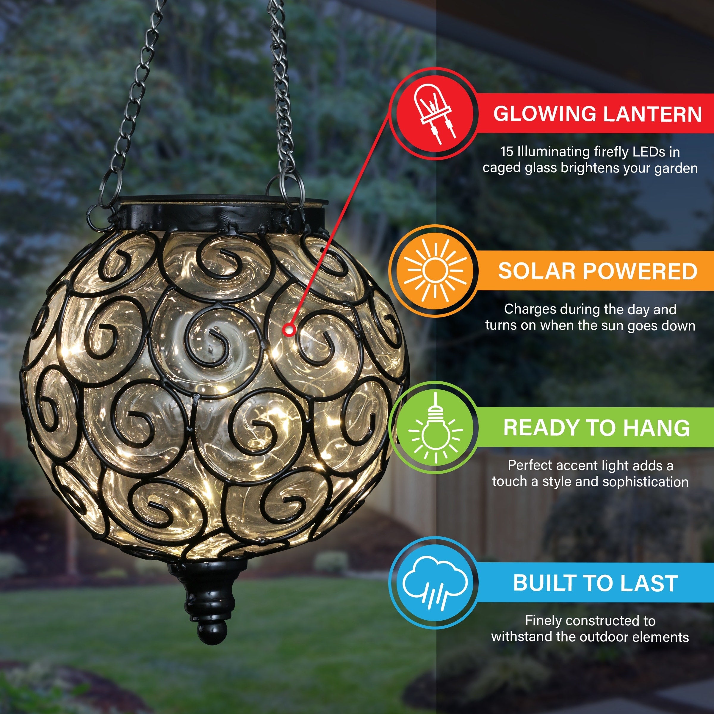 Exhart Solar Round Glass and Metal Hanging Lantern with 15 LED Fairy Firefly String Lights, 7 by 21 Inches