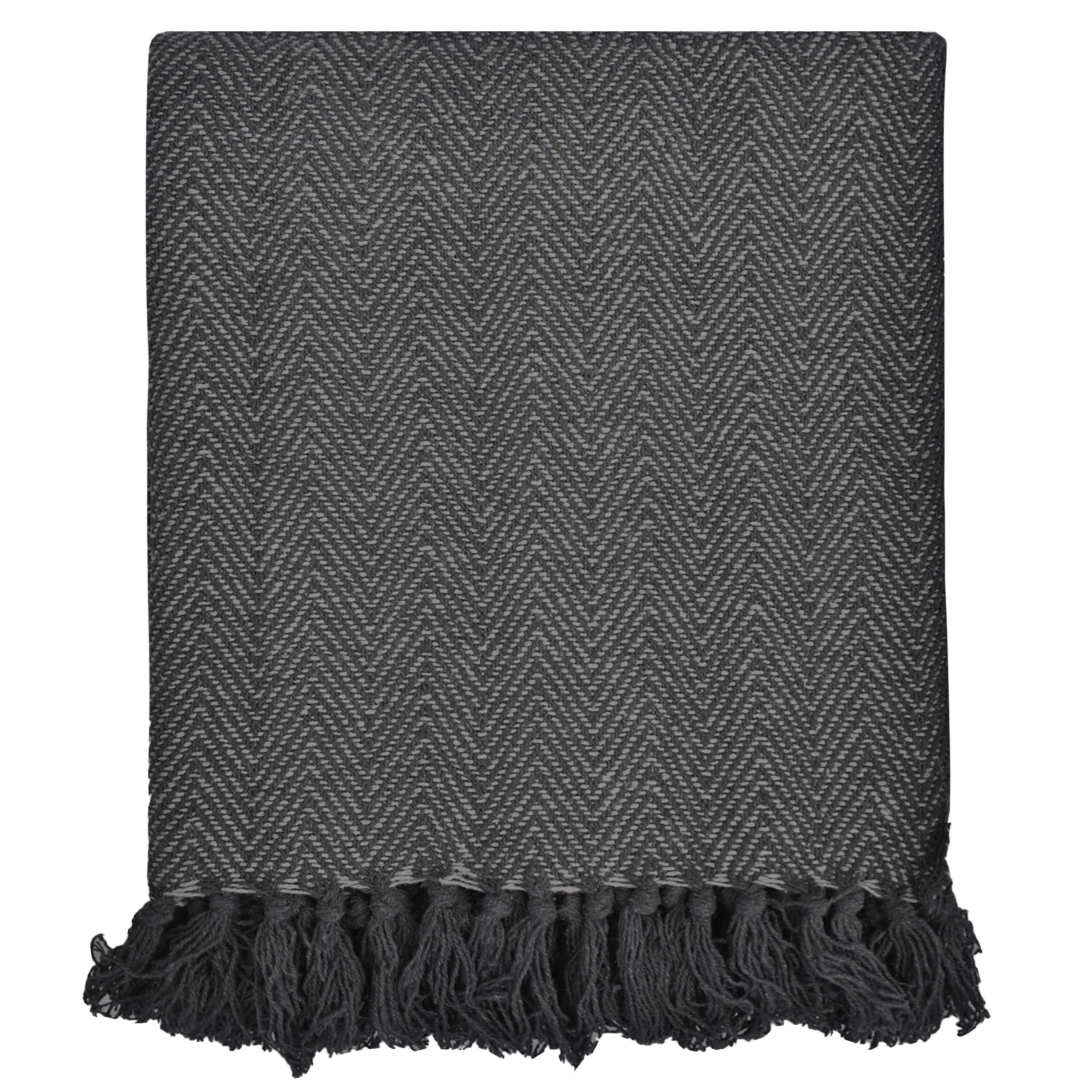 Fabstyles Herringbone Stripe Cotton Throw Blanket With Fringes