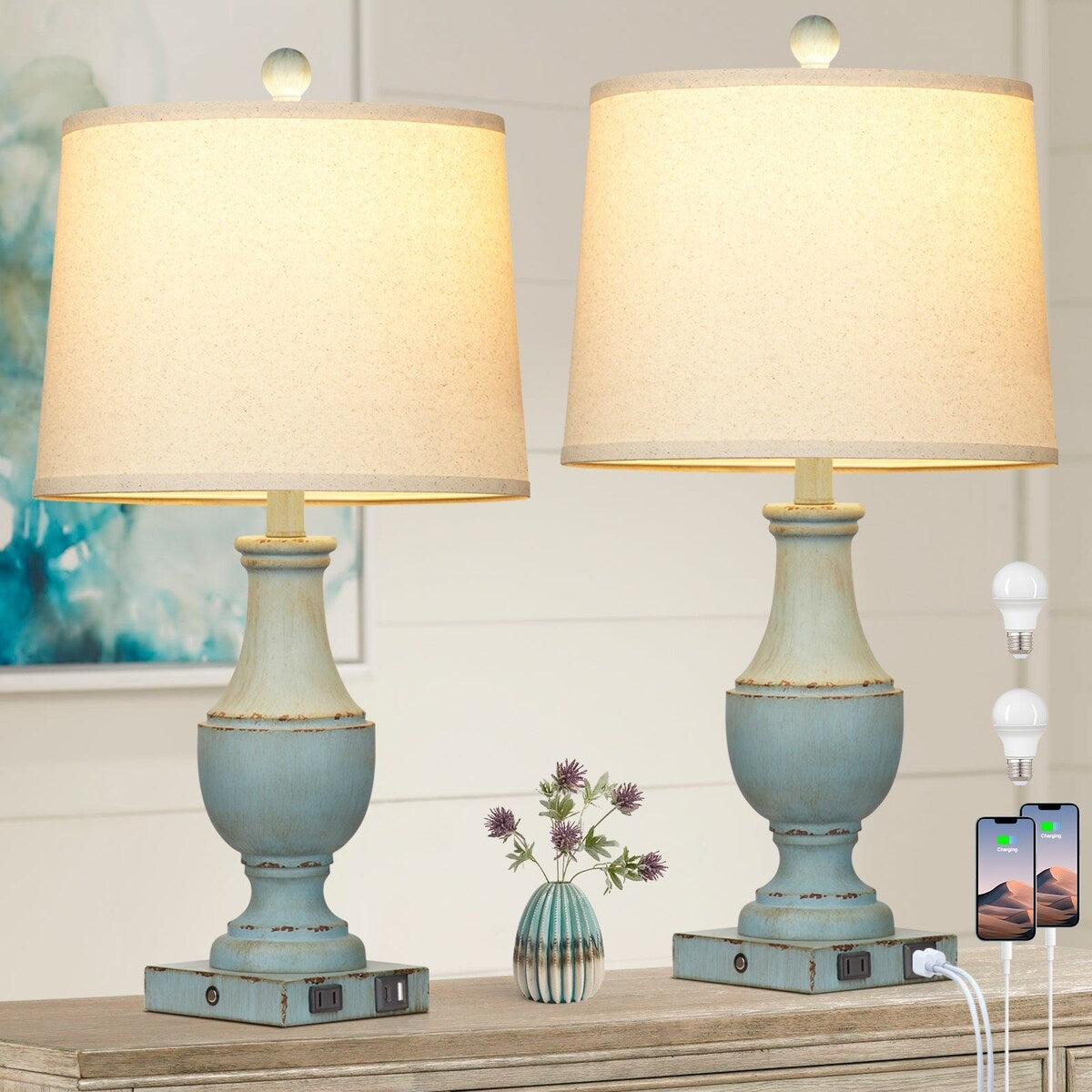 Table Lamps Blue Resin Vintage Tilted White Shade with USB Type-C Charging Ports AC Outlet 3-Way Dimming Touch Switch (Set of 2)