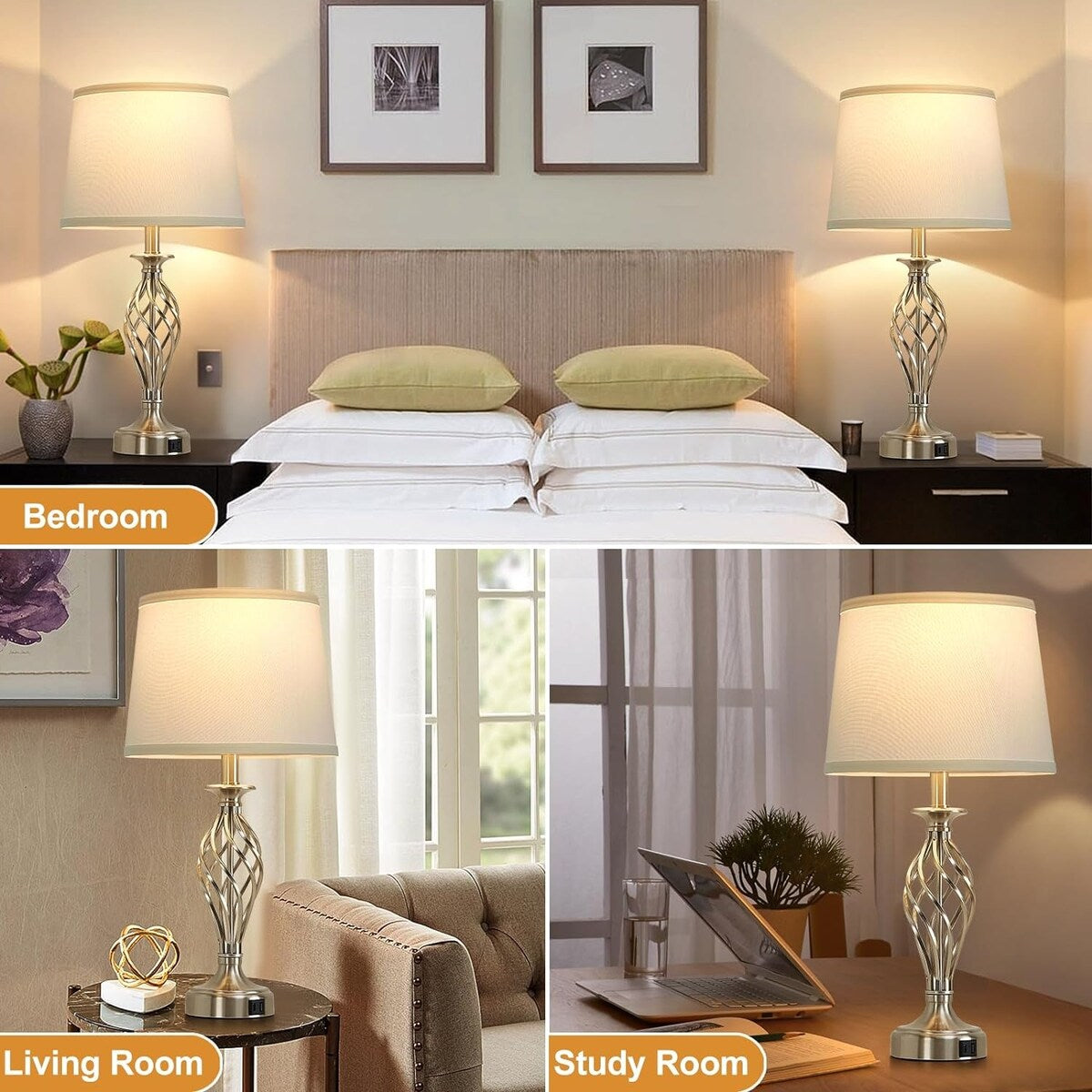 Table Lamp for Bedroom Set of 2, Modern Bedside Lamps with Spiral Cage Base