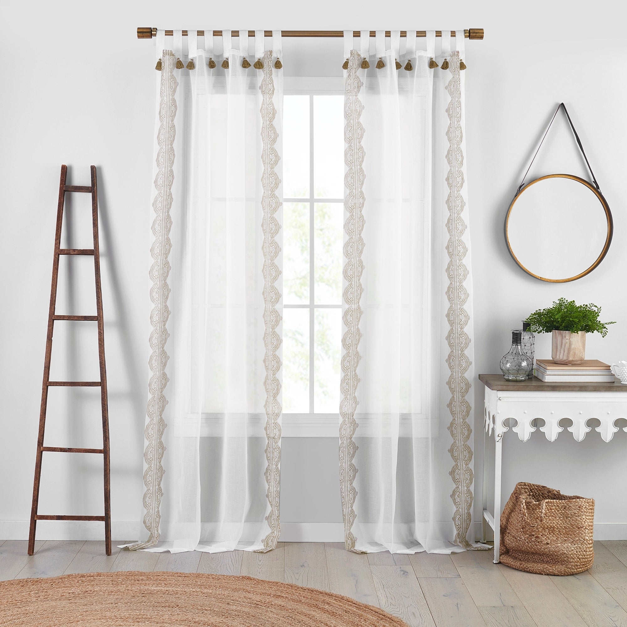 Shilo Boho Sheer Tab Top Window Curtain Panel with Tassels