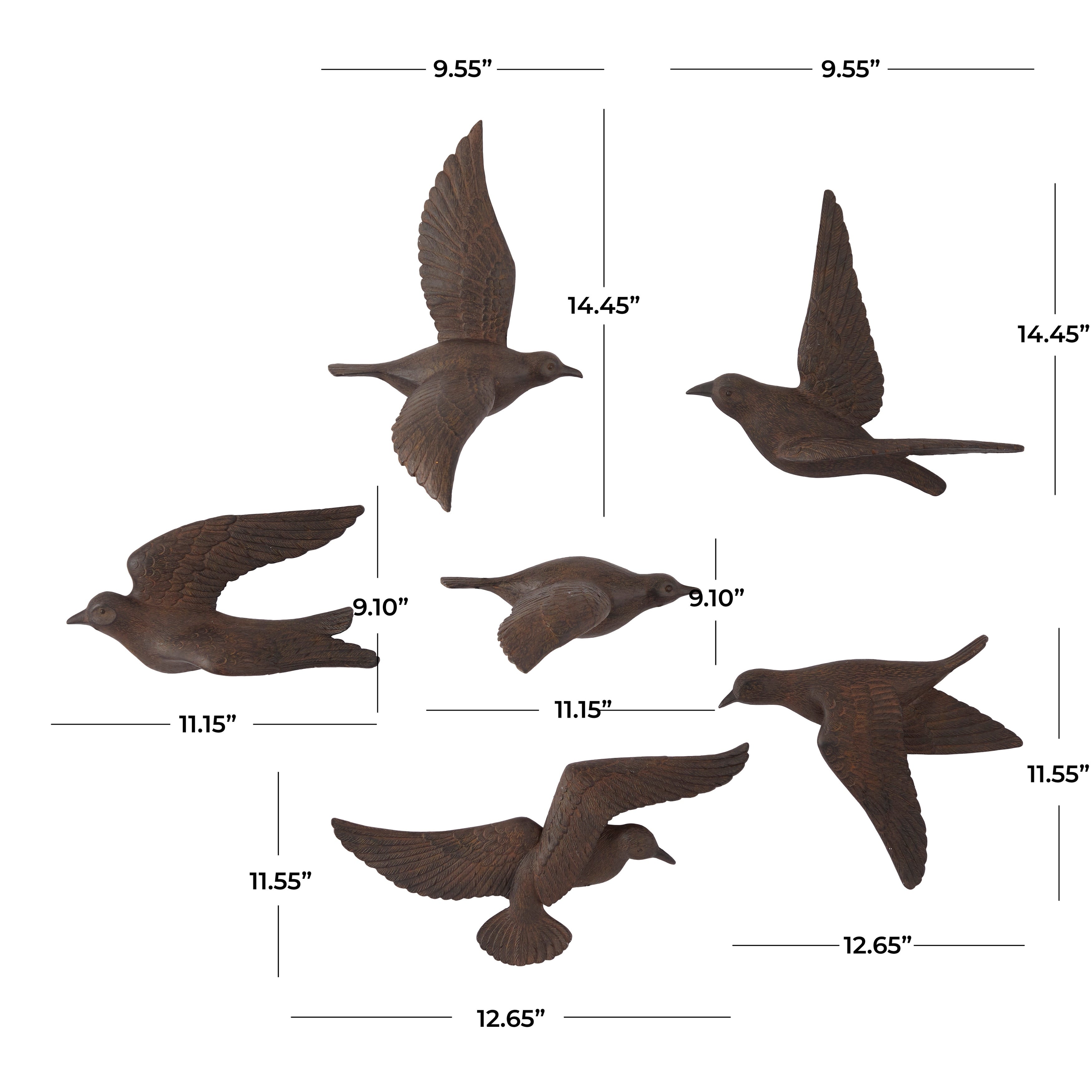 Artistic Polystone Floating Bird Wall Decor (Set of 6) - Gold, Brown, Silver