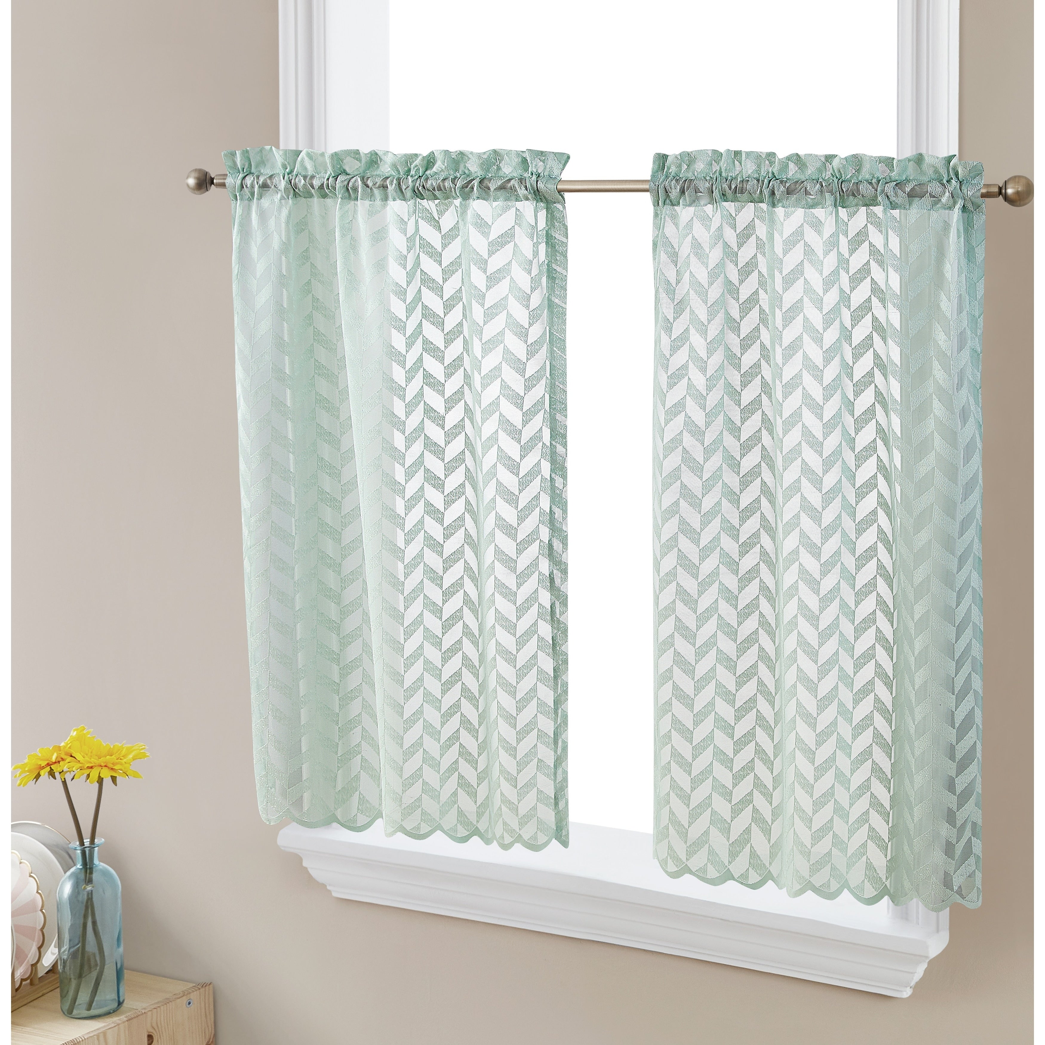 HLC.me Herringbone Lace Sheer Kitchen Cafe Curtain Tiers Swags Valance for Small Windows & Bathroom