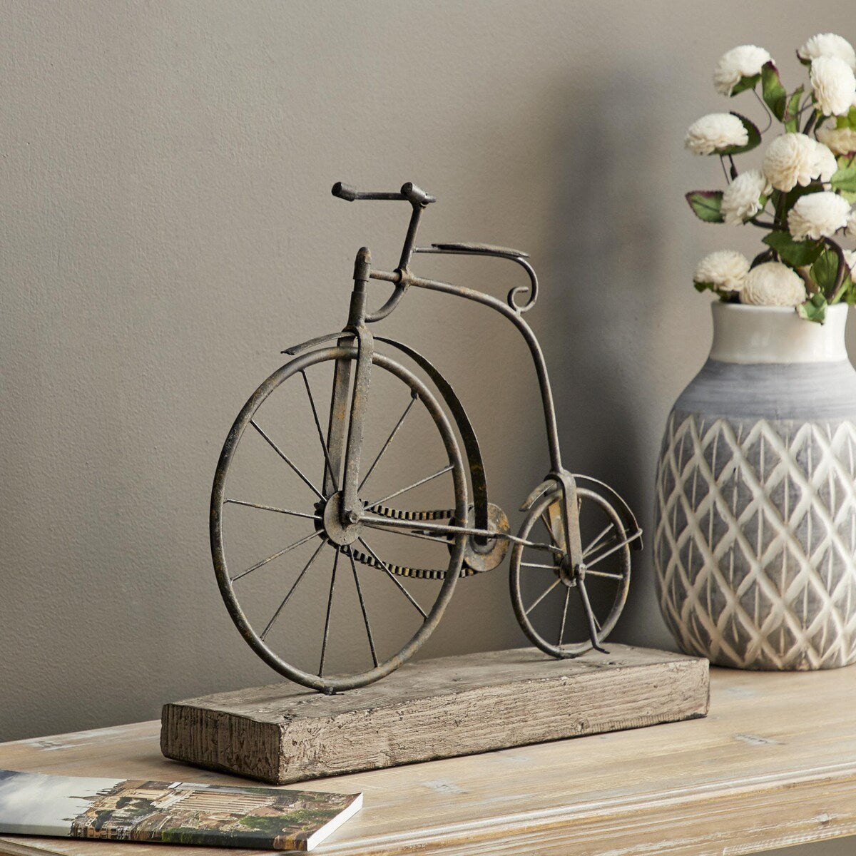 Metal Bike Decorative Sculpture with Wood Base - Black - Roche River Decor