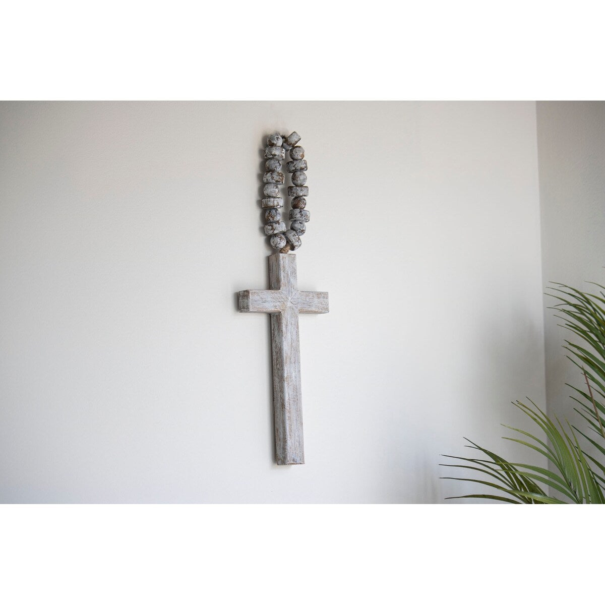 Foreside Home & Garden Brushed White Wood Cross with Beaded Hanger Wall Décor