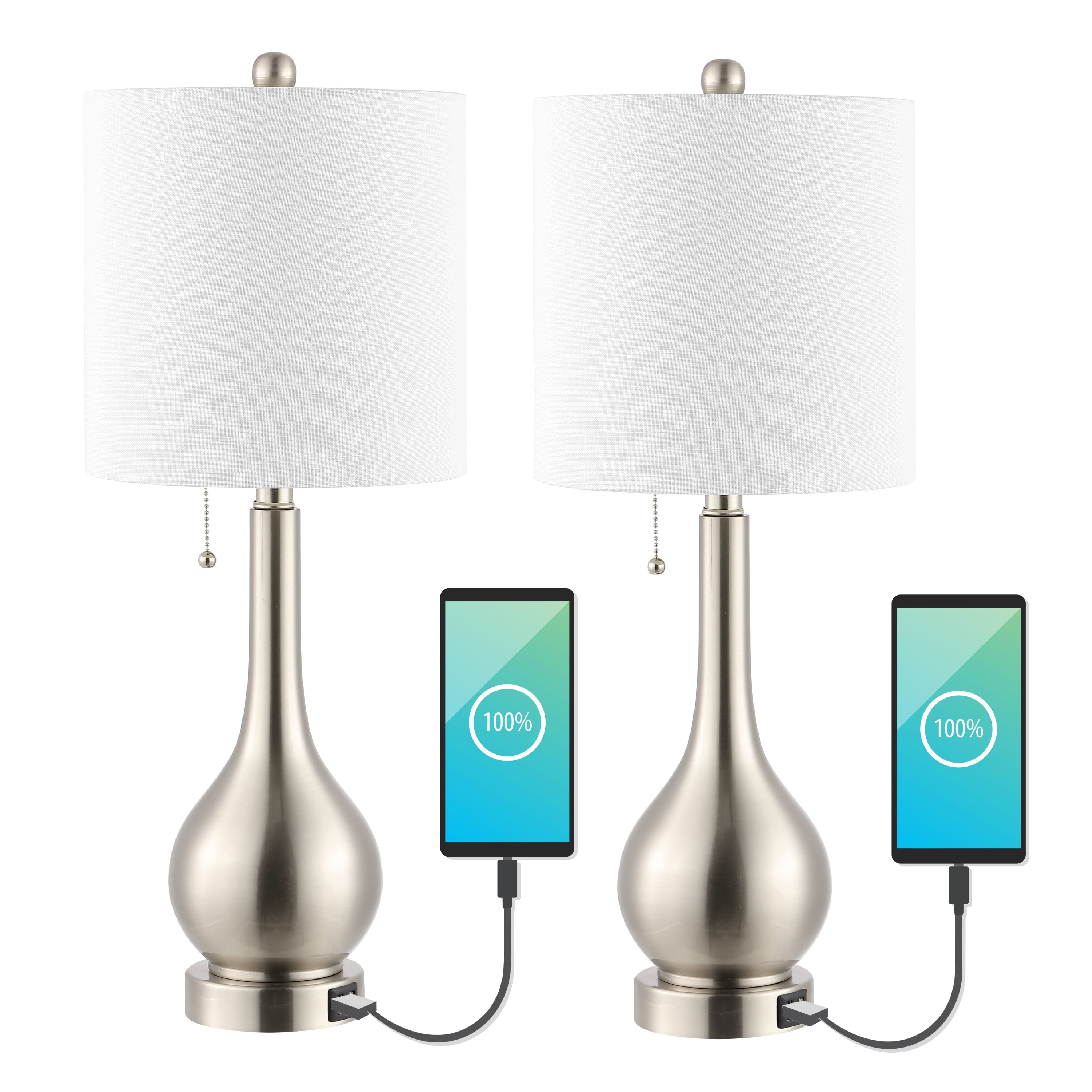 Grant 24 Modern Classic Gourd Iron LED Table Lamp with Pull-Chain with Dual USB Charging Port, by JONATHAN Y (Set of 2)