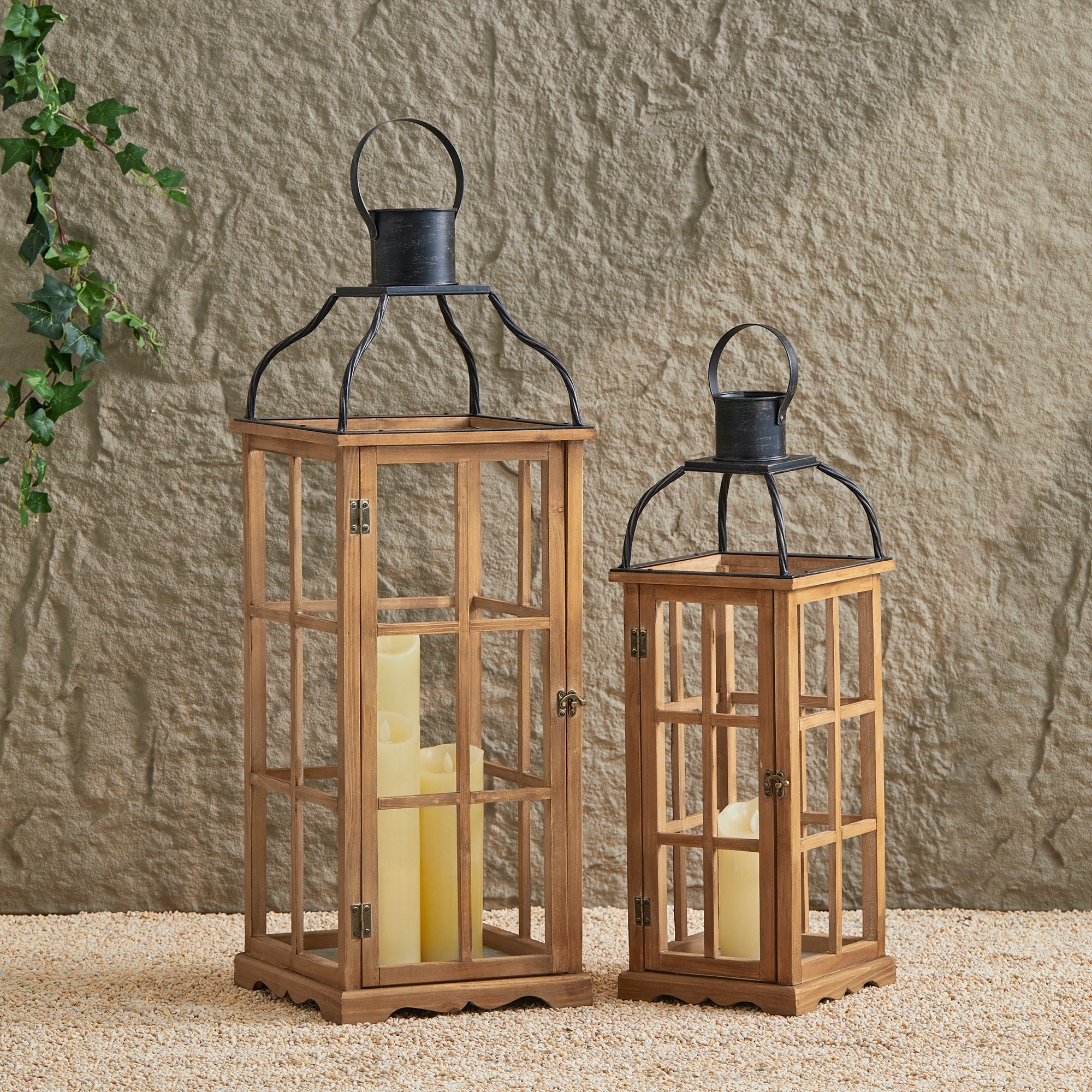 Glitzhome Oversized Farmhouse Wooden Metal Cage Candle Holders Patio Hanging Decorative Lanterns (Set of 2)