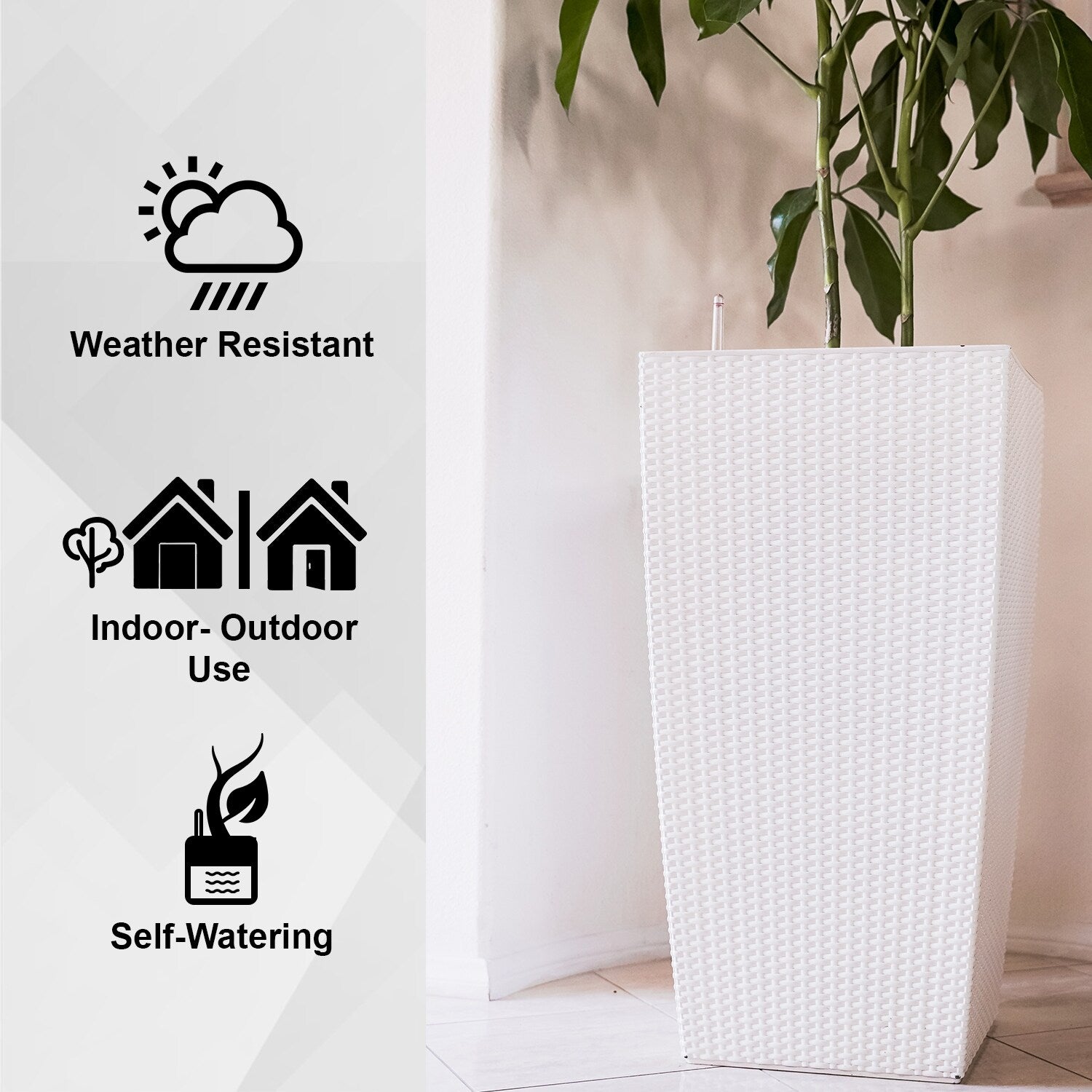 XBrand 30 H Rattan Self Watering Indoor Outdoor Square Planter Pot, Tall Decorative Gardening Pot, Home Décor Accent