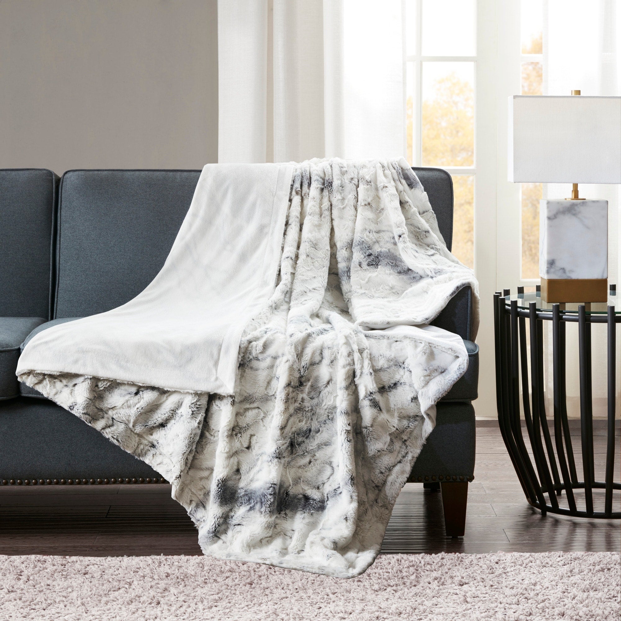 Madison Park Aina Oversized Faux Fur Marble Printed Knitted Throw