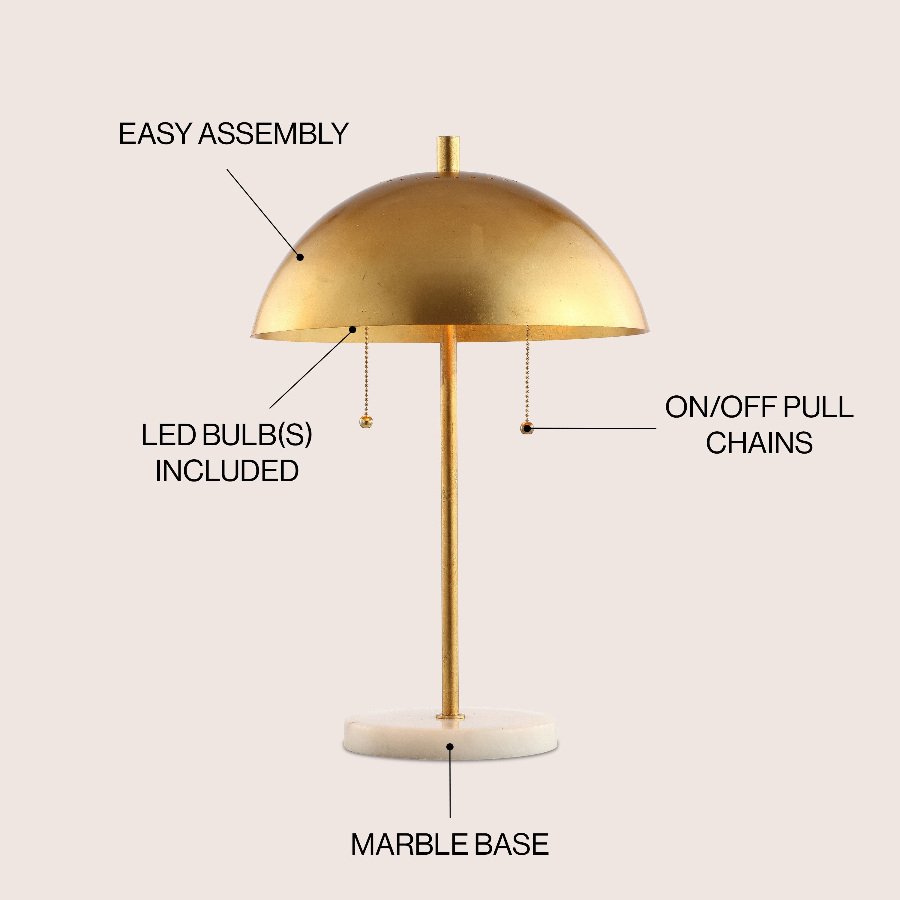 Jennifer 20.7 Dome Metal with Marble Base LED Table Lamp, Gold/White by JONATHAN Y