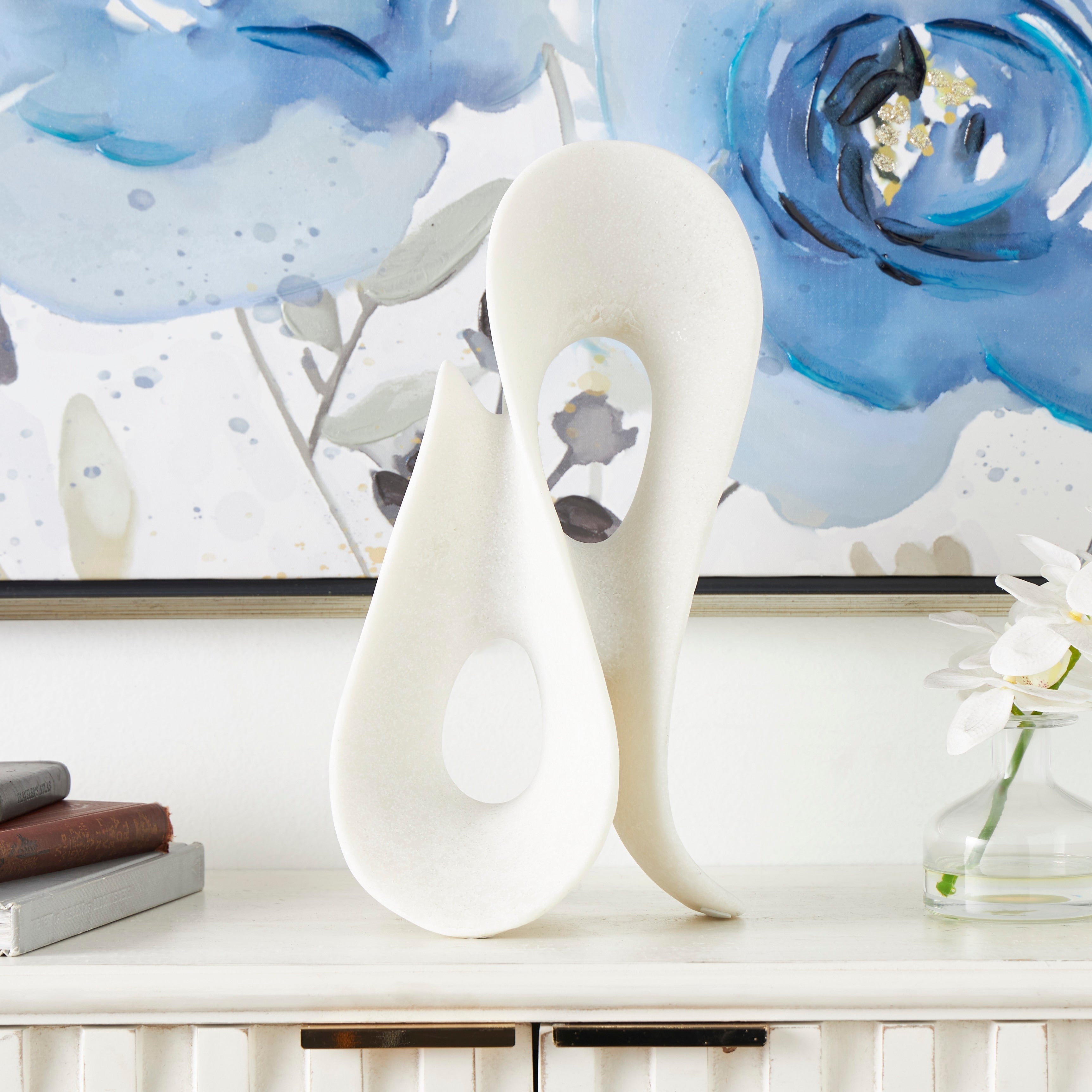 White Polystone Wavy Shaped Abstract Sculpture with Cutouts and Speckled Texturing