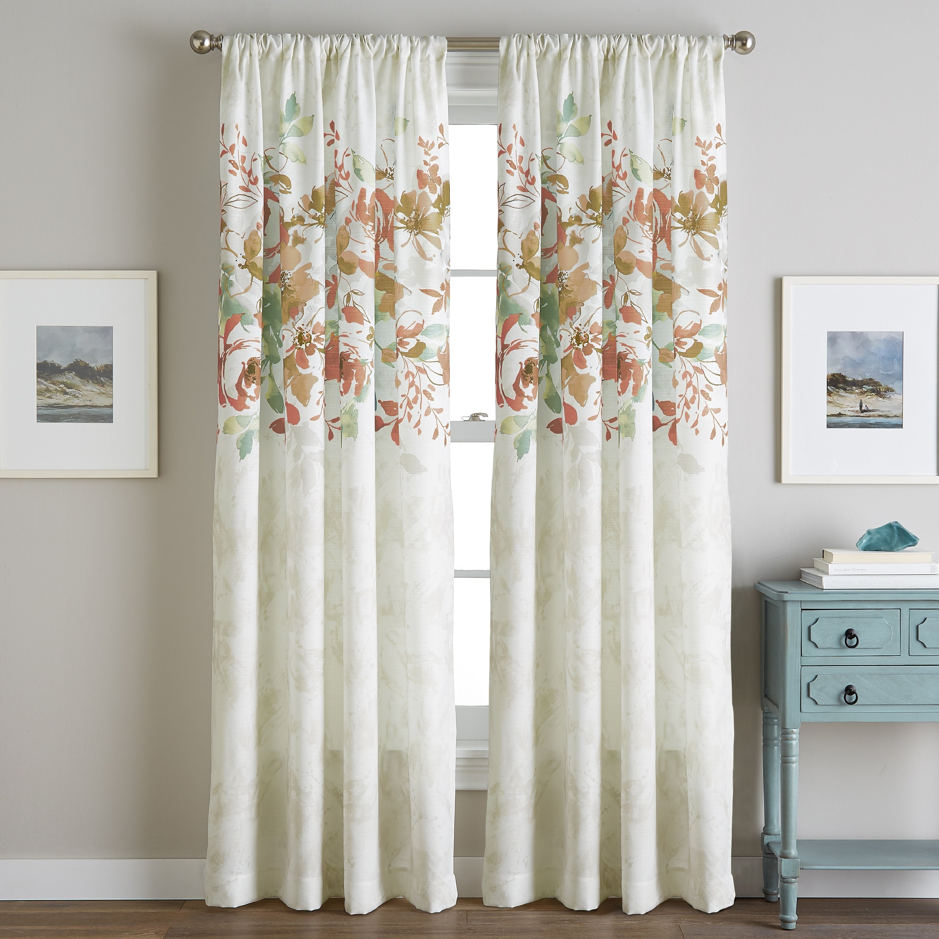 Watercolor Floral Flip Over Rod Pocket Single Curtain Panel