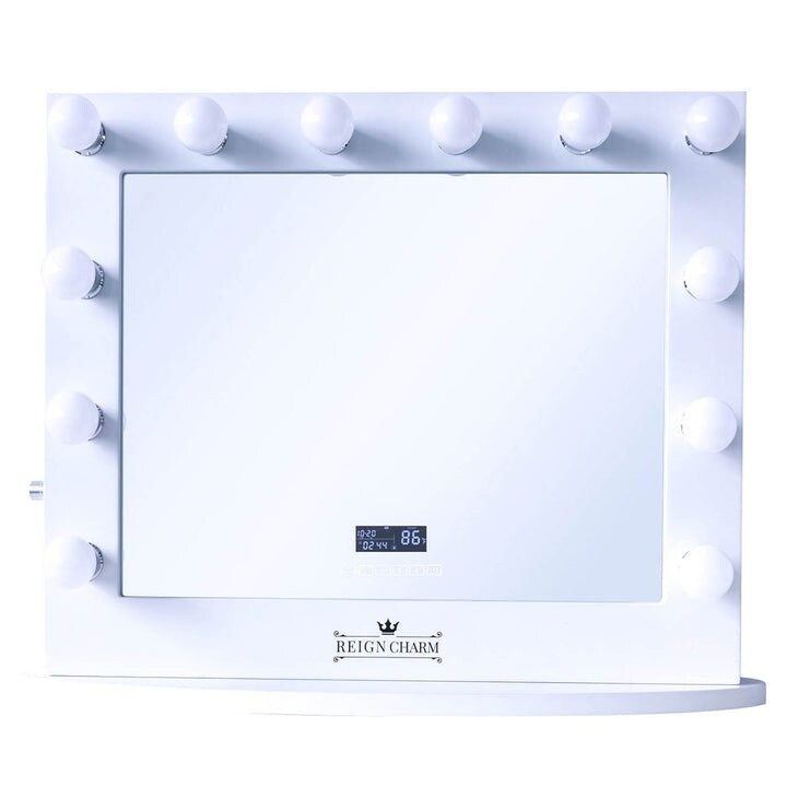 ReignCharm Hollywood Vanity Mirror with Bluetooth Speakers, 12 LED Lights, Dual Outlets& USB, 32W x 27H, White