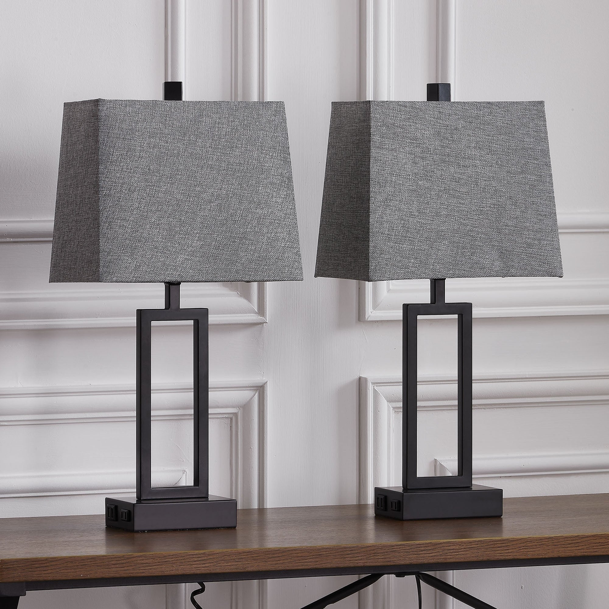 Black Metal Table Lamp with Touch Dimming Switch Charging Ports (Set of 2) - 12'' x 6.5'' x 23.5'' (L x W x H)