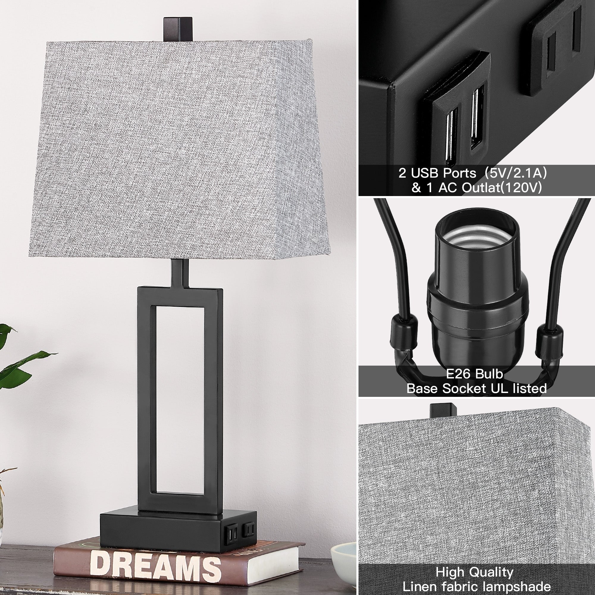 Black Metal Table Lamp with Touch Dimming Switch Charging Ports (Set of 2) - 12'' x 6.5'' x 23.5'' (L x W x H)