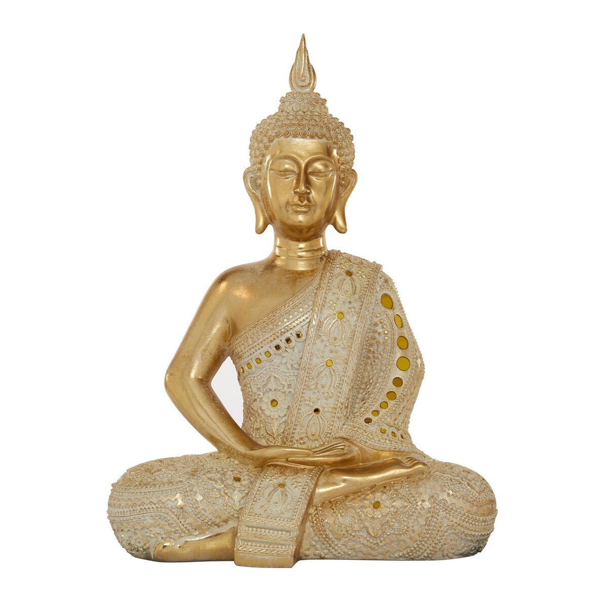 Polystone Buddha Meditating Decorative Sculpture with Intricate Carvings and Mirrored Embellishments - Gold - Roche River Decor