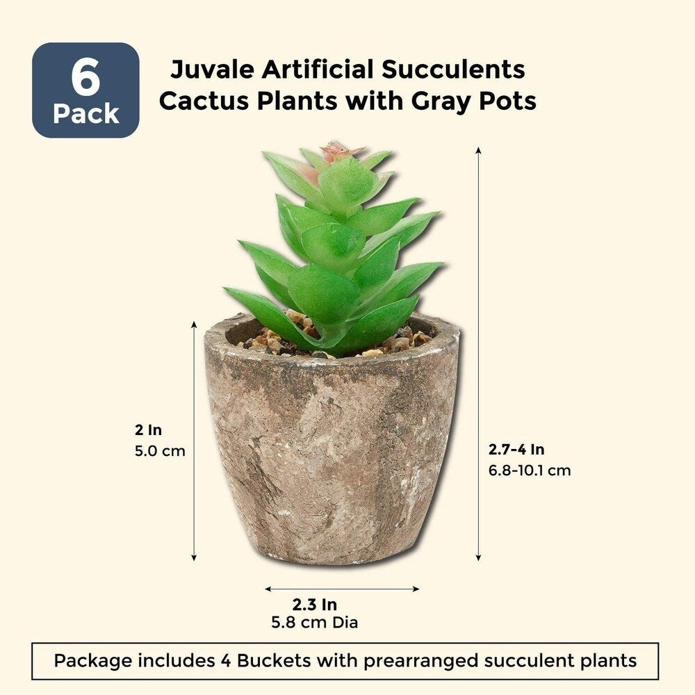 6 Pack Artificial Succulents, 2.7 to 4 inches Green and Red Cactus Plants with Gray Pots - 2.7 to 4 inches