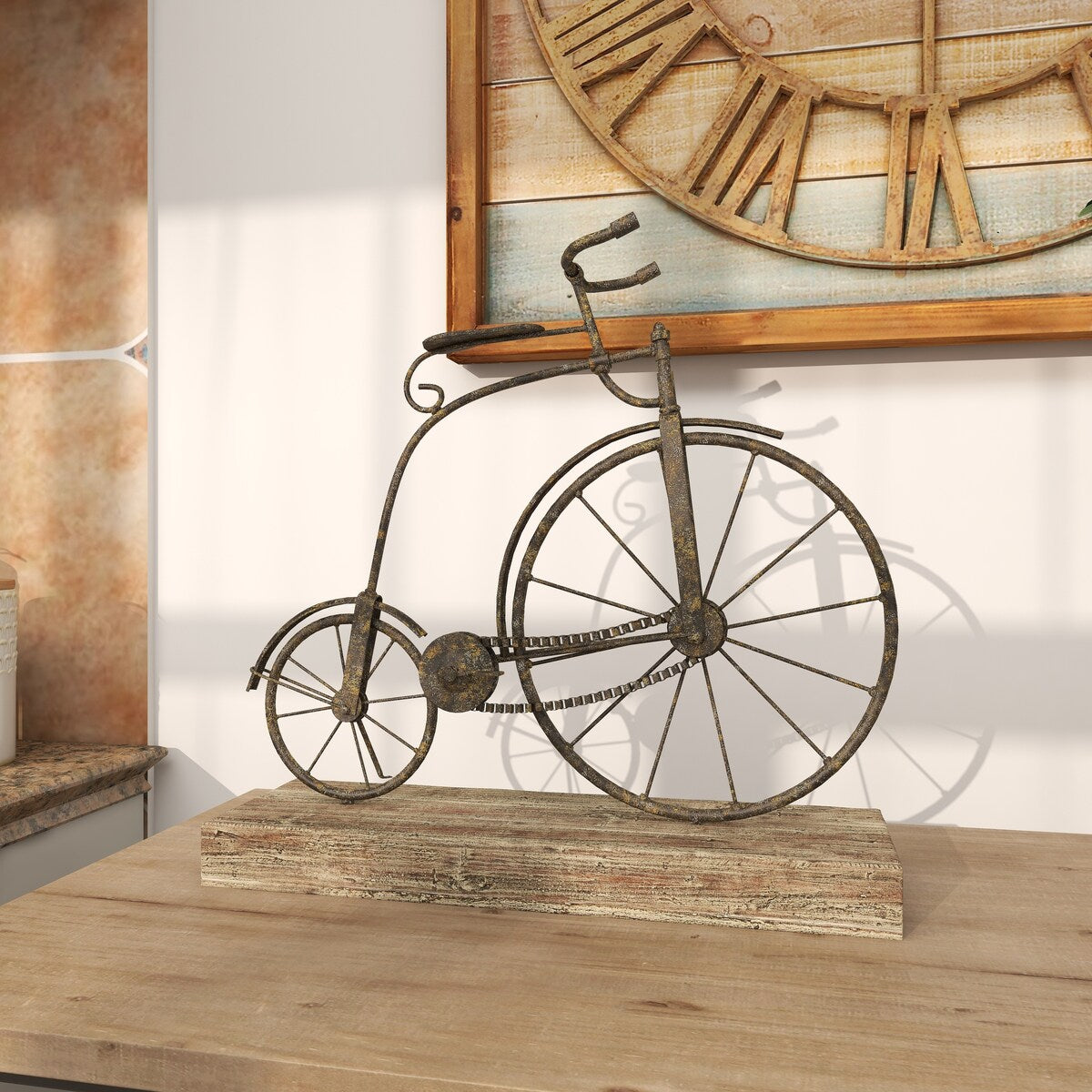 Metal Bike Decorative Sculpture with Wood Base - Black - Roche River Decor