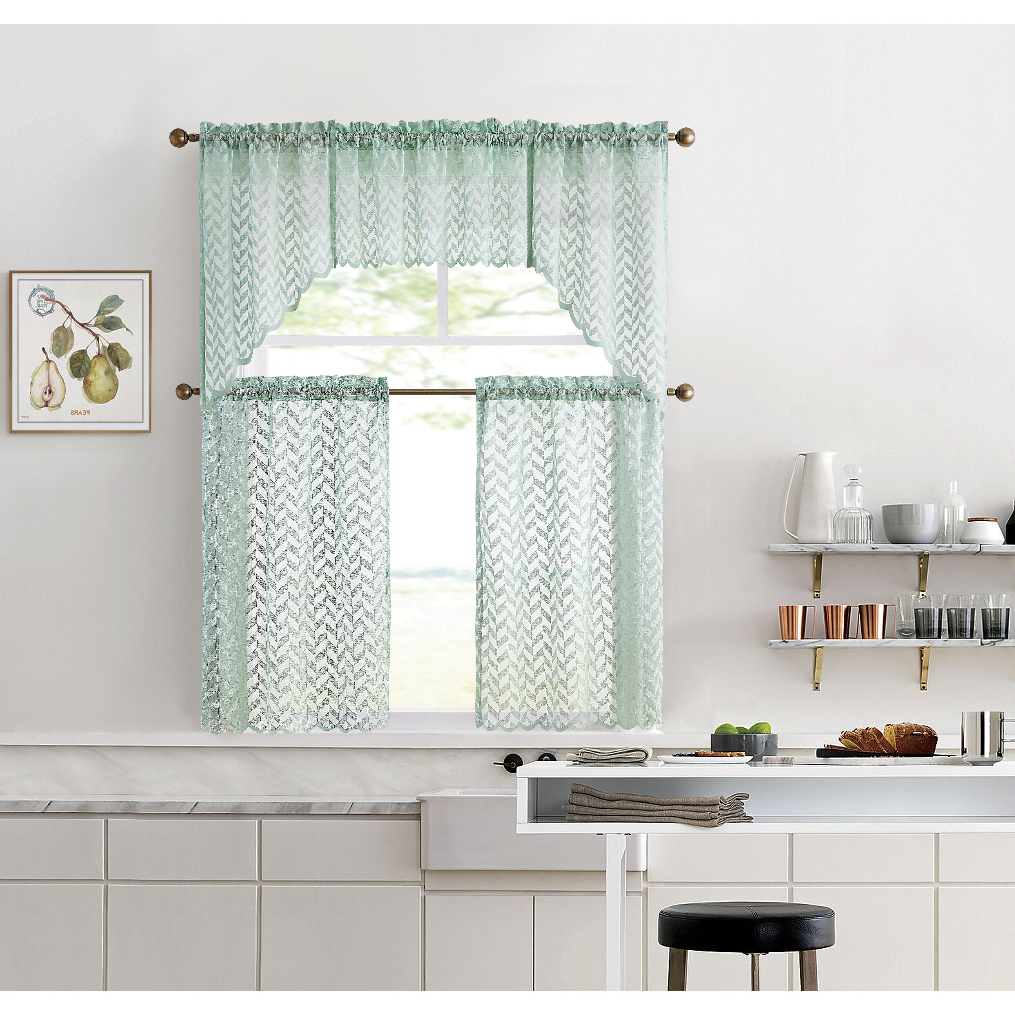 HLC.me Herringbone Lace Sheer Kitchen Cafe Curtain Tiers Swags Valance for Small Windows & Bathroom