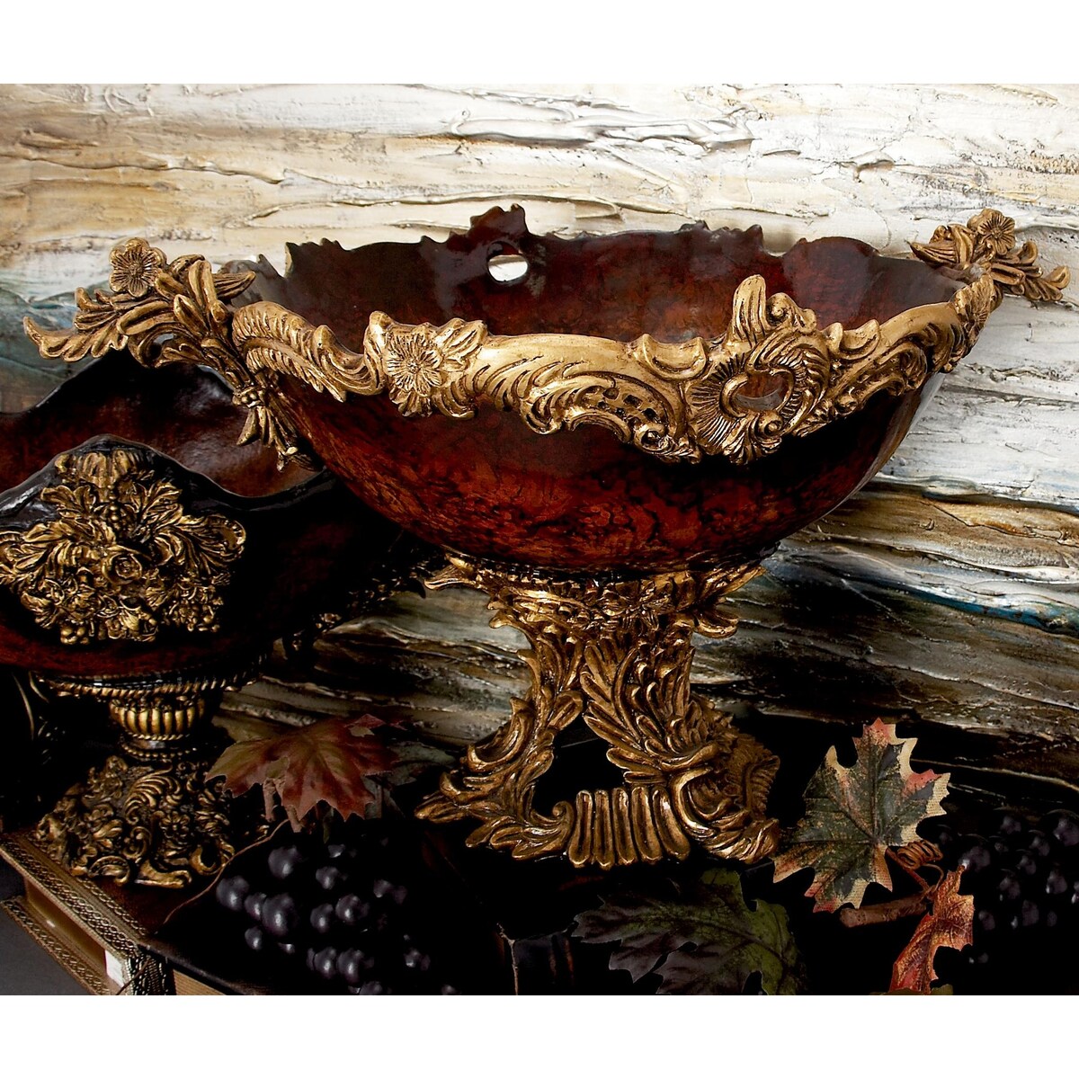 Polystone Leaf Intricately Carved Arabesque Decorative Decorative Bowl - Gold - Roche River Decor