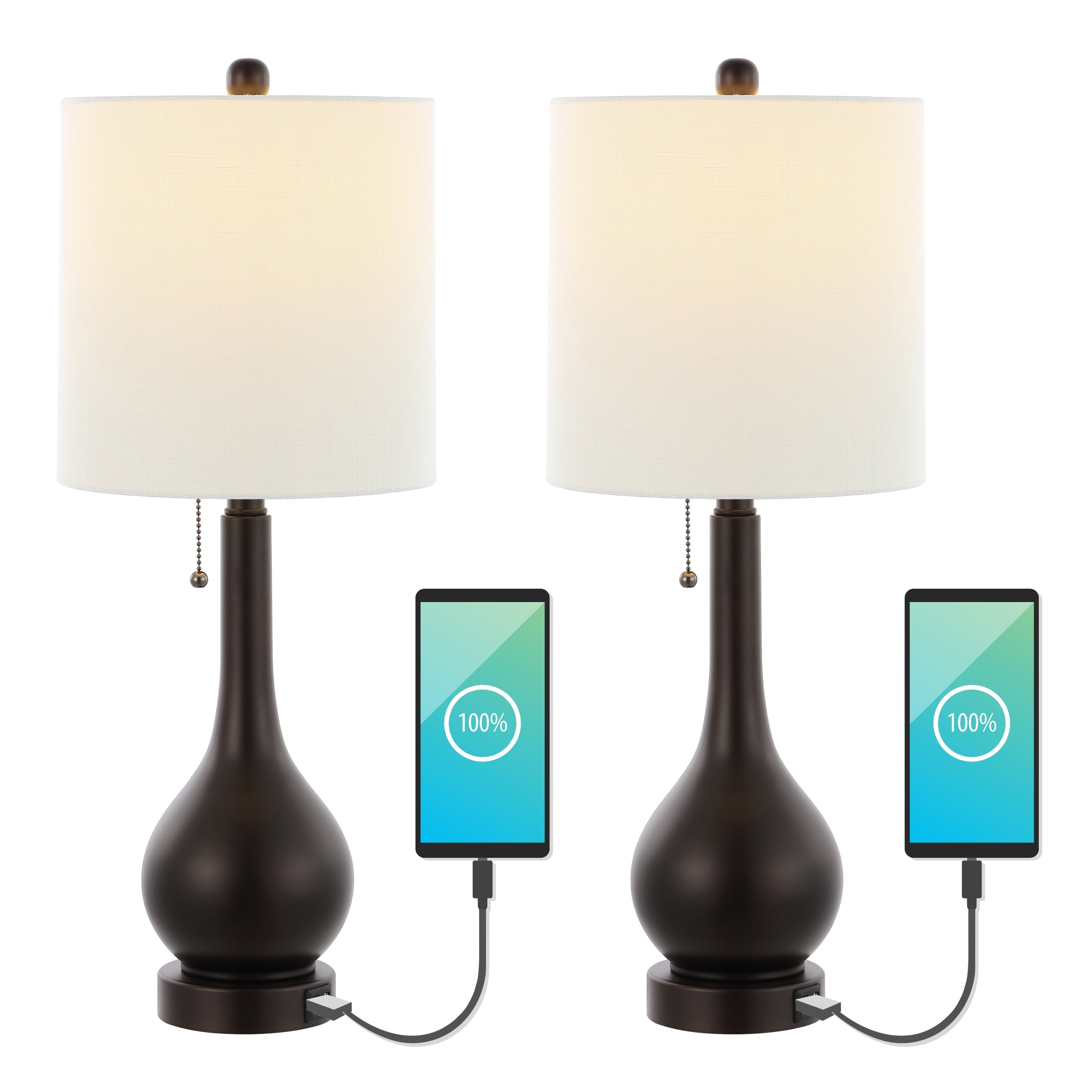 Grant 24 Modern Classic Gourd Iron LED Table Lamp with Pull-Chain with Dual USB Charging Port, by JONATHAN Y (Set of 2)