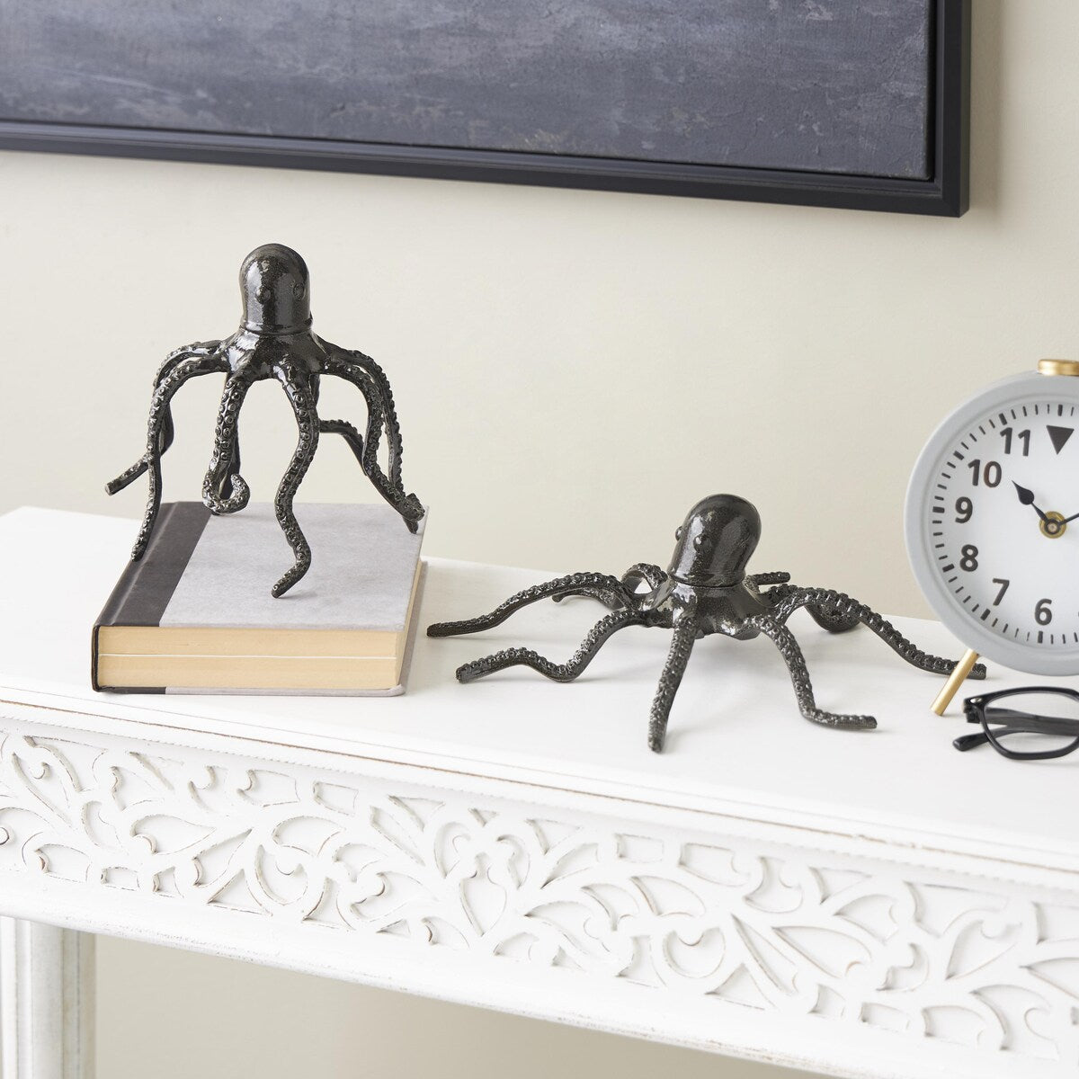 Aluminum Metal Octopus Decorative Sculpture with Textured Tentacles - Set of 2 Black - Roche River Decor