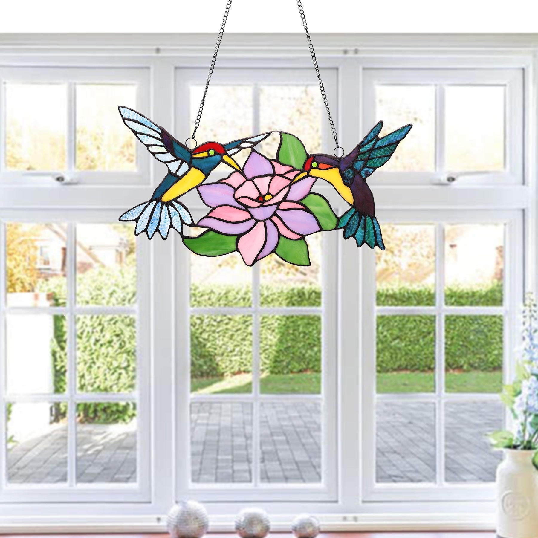 Copper Grove Enighed Stained Glass Hummingbirds Blossom Window Panel - W17.5 x H9