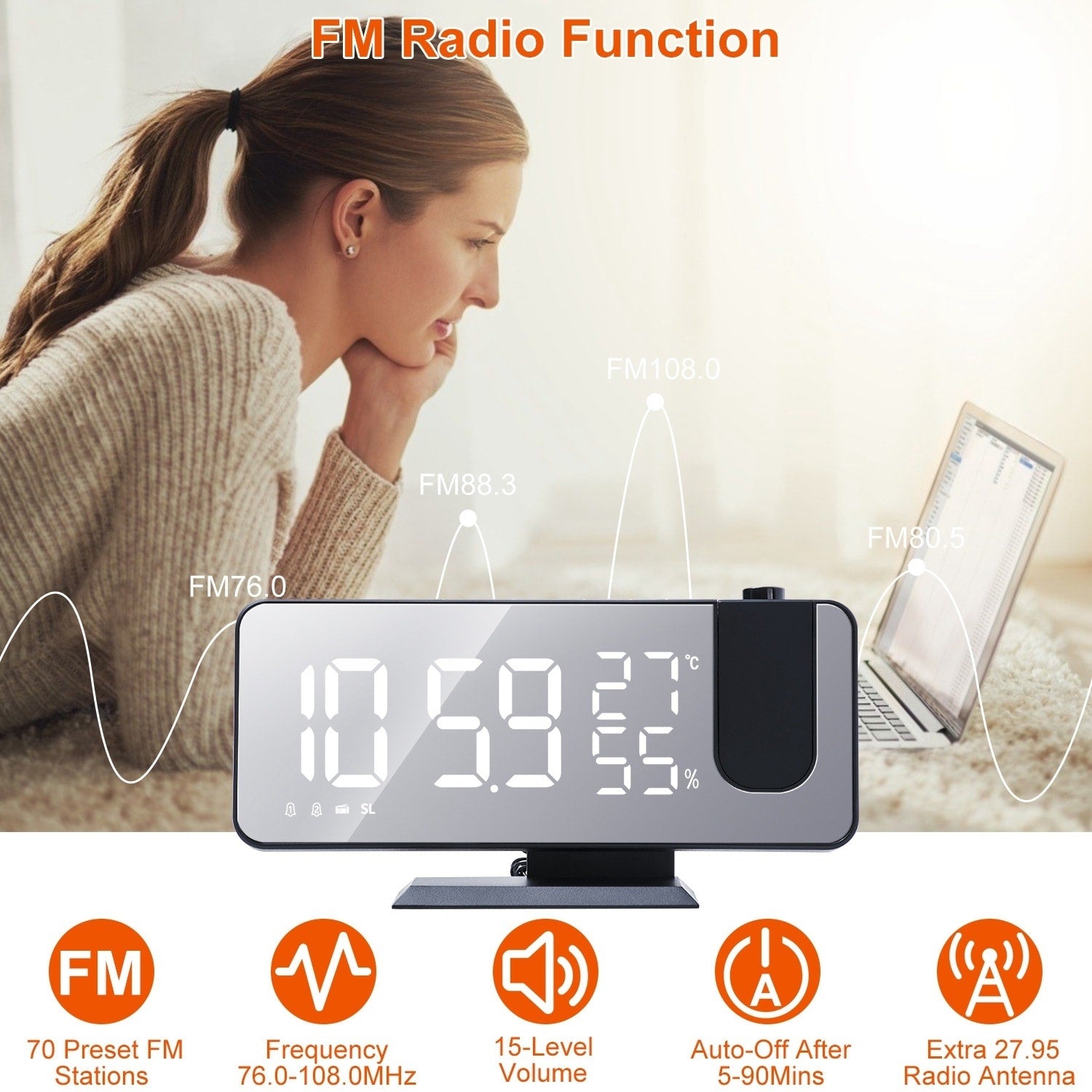 Projection Alarm Clock Radio Function 7.5In LED Mirror Display