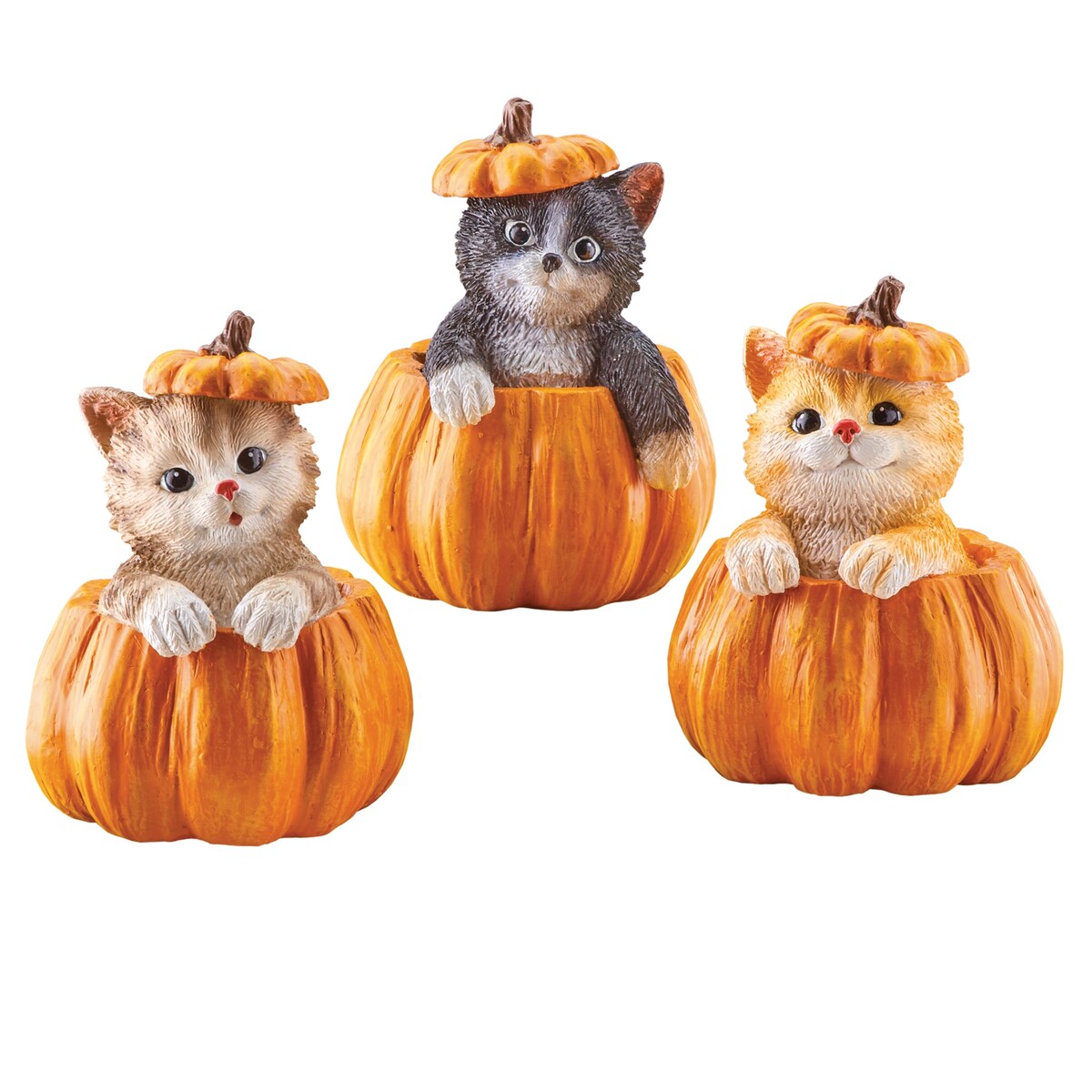 Hand-Painted Pumpkin Cat Sitter Figurines - 12.250 x 6.800 x 5.500