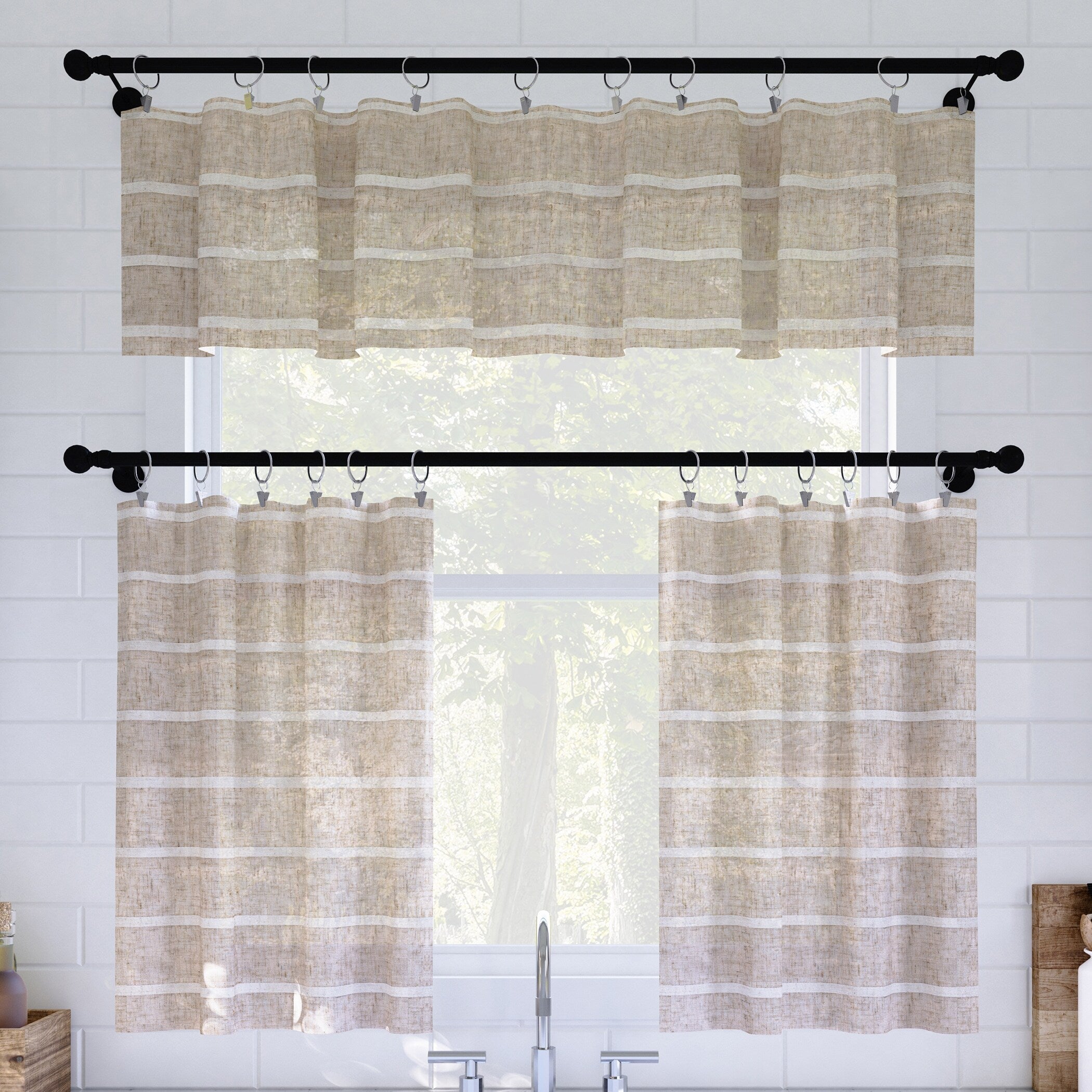 Clean Window Twill Stripe Anti-Dust Linen Blend Sheer Cafe Curtain Valance