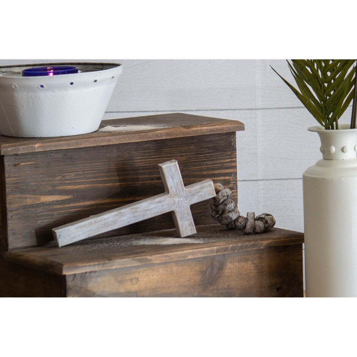 Foreside Home & Garden Brushed White Wood Cross with Beaded Hanger Wall Décor