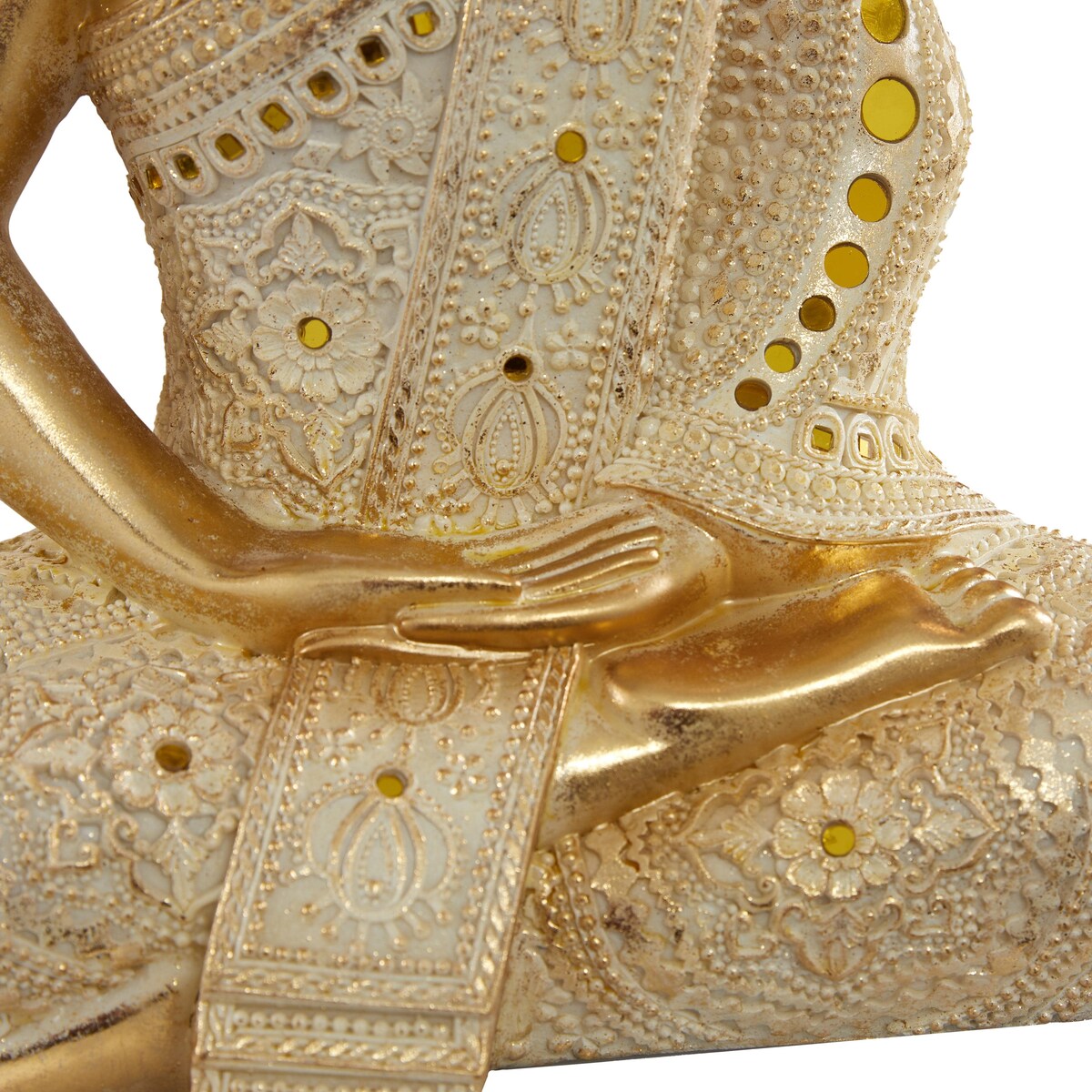 Polystone Buddha Meditating Decorative Sculpture with Intricate Carvings and Mirrored Embellishments - Gold - Roche River Decor