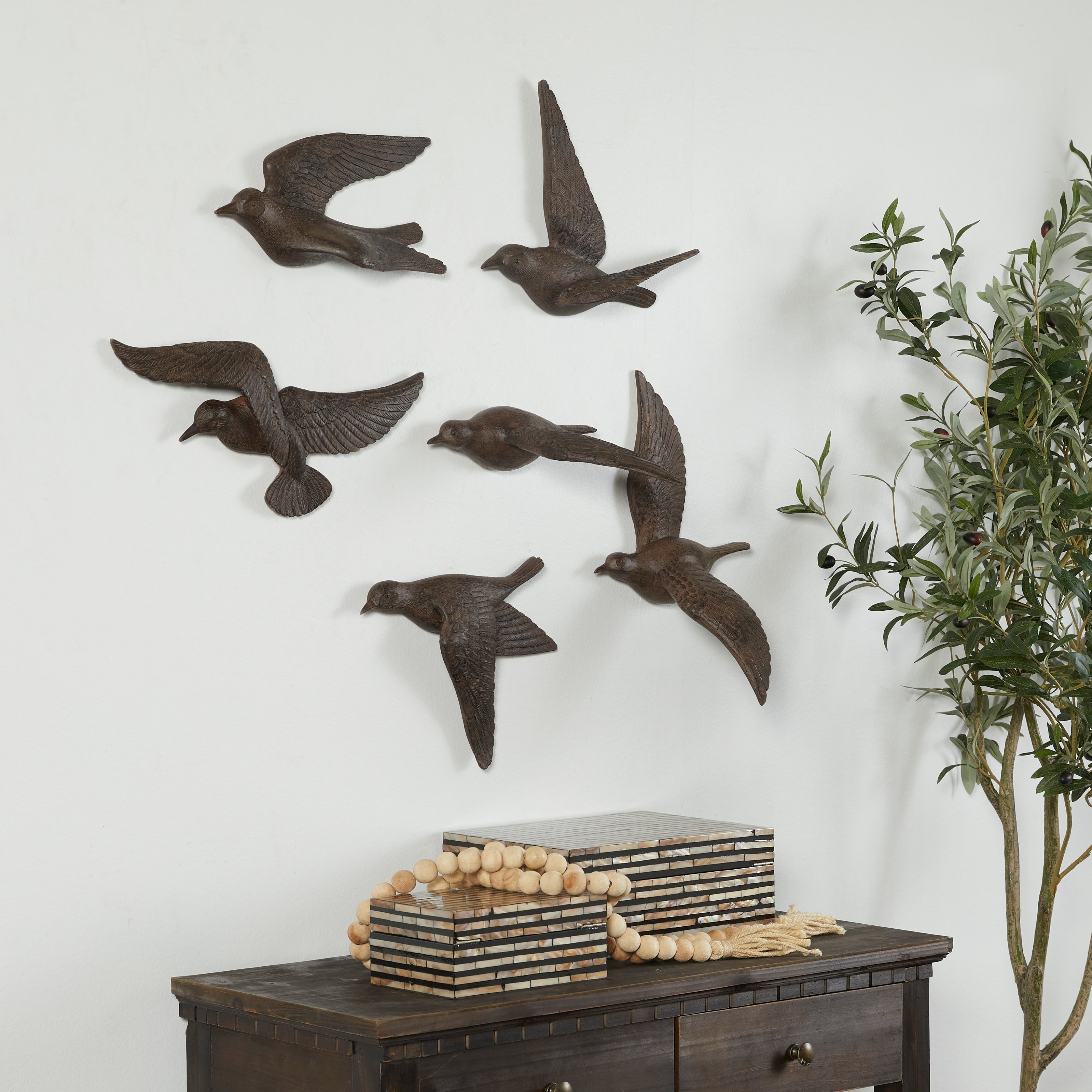 Artistic Polystone Floating Bird Wall Decor (Set of 6) - Gold, Brown, Silver