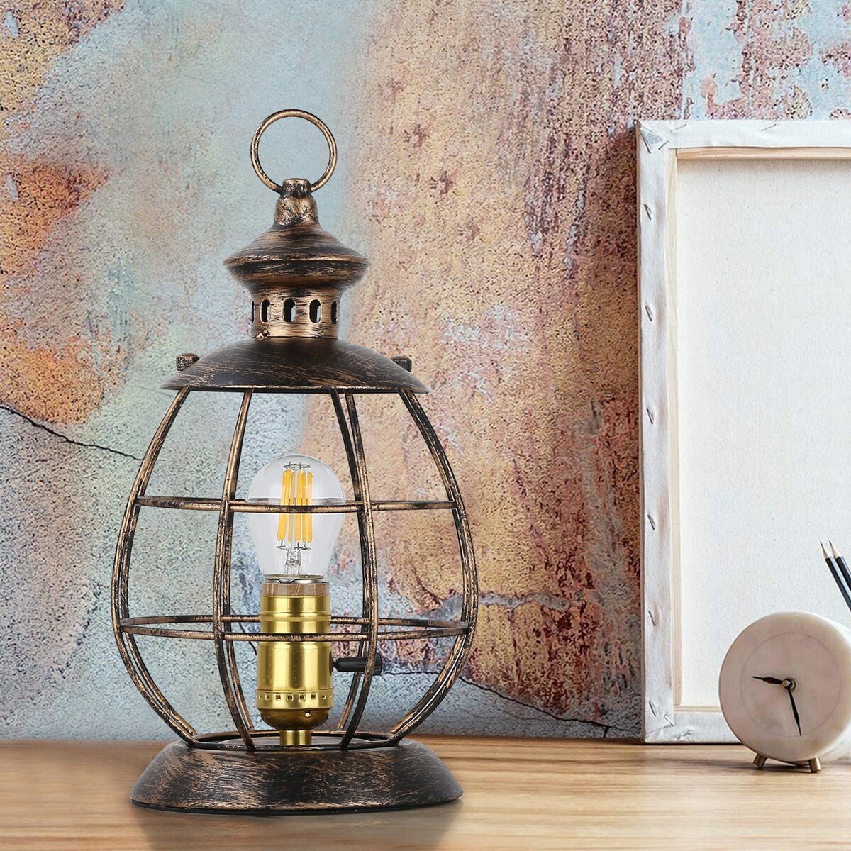 Antique Industrial Modern Electric Lantern Table Lamp for Bedroom Bedside, Metal Cage Shade Reading Desk Lamp for Living Room