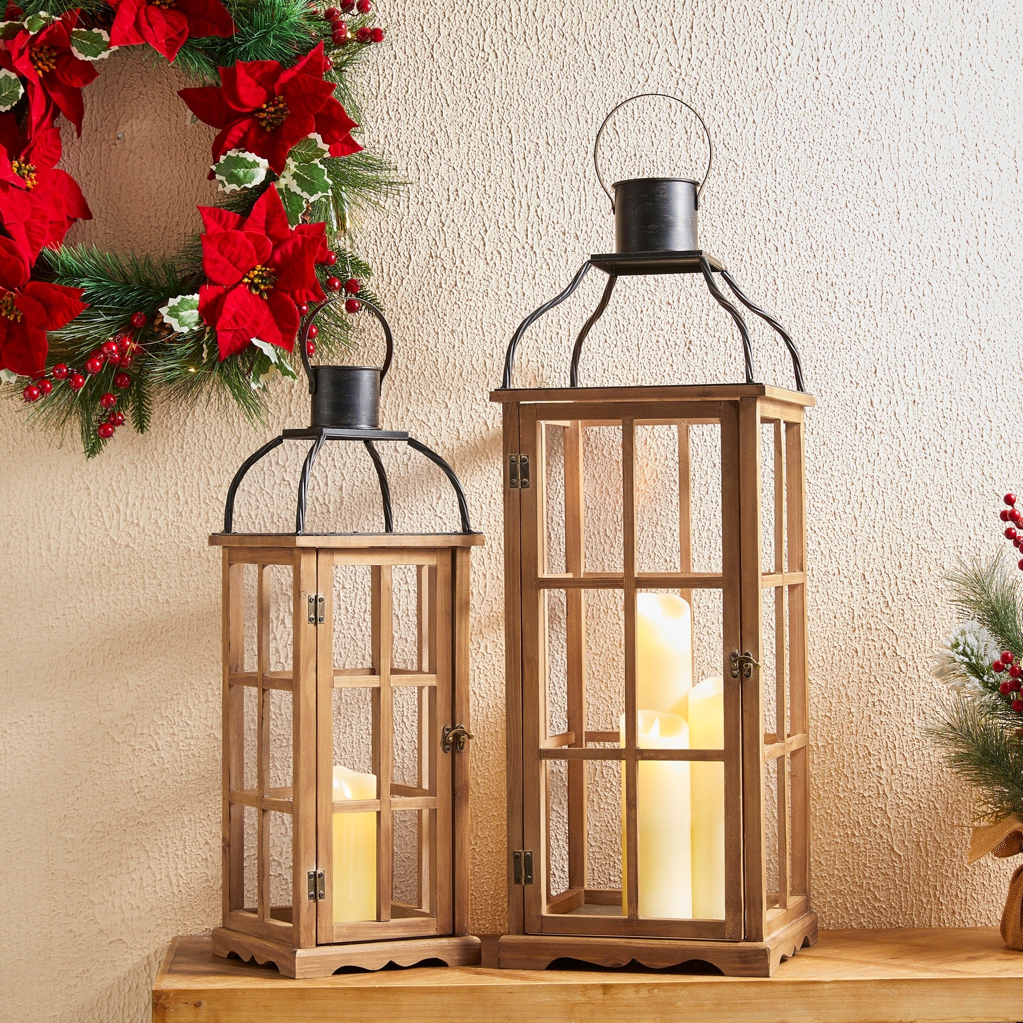 Glitzhome Oversized Farmhouse Wooden Metal Cage Candle Holders Patio Hanging Decorative Lanterns (Set of 2)