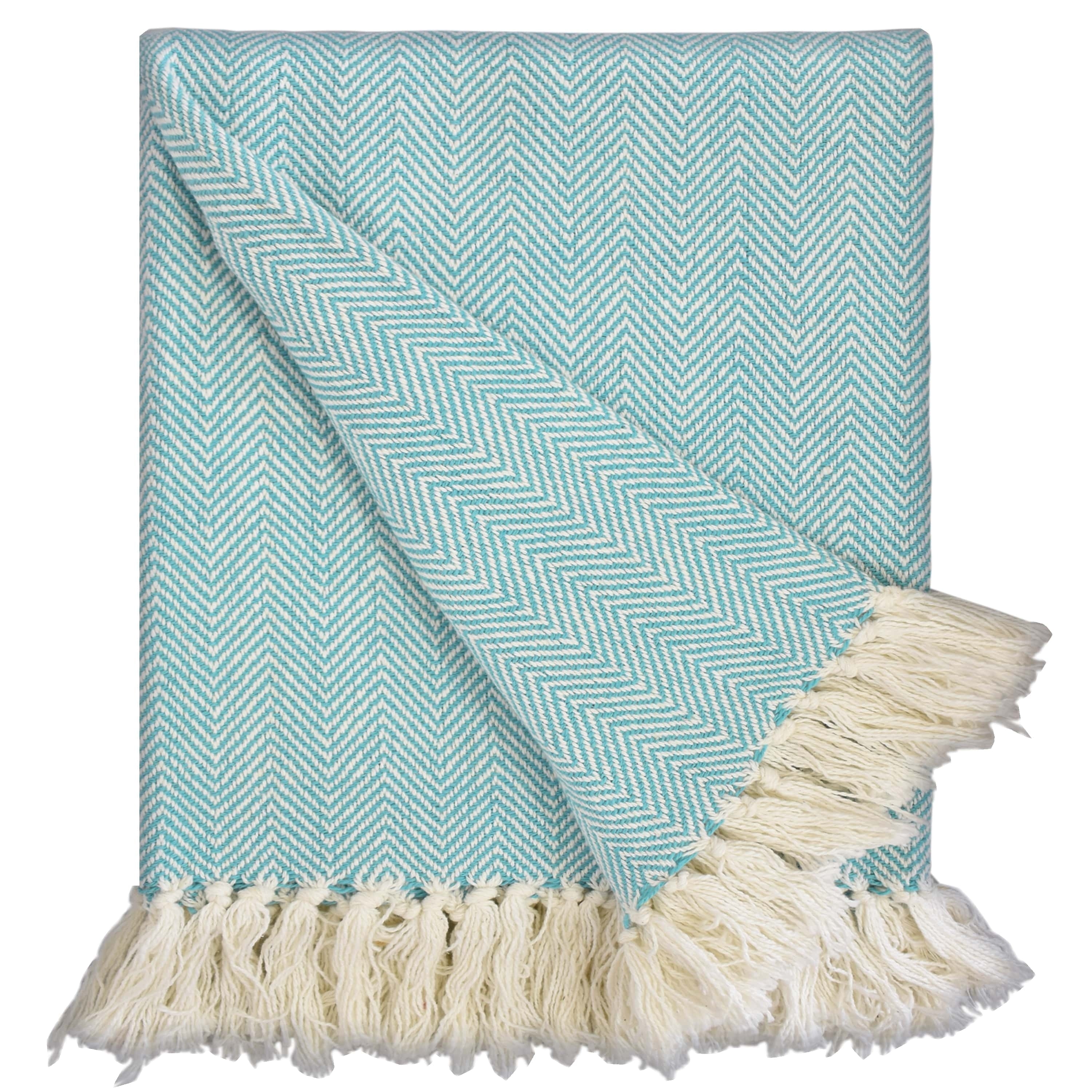 Fabstyles Herringbone Stripe Cotton Throw Blanket With Fringes