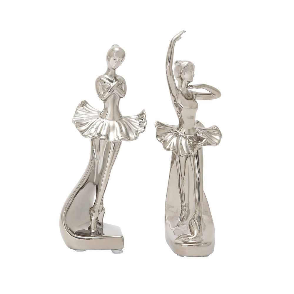 The Novogratz Silver Porcelain Ceramic Dancer Decorative Sculpture (Set of 2) - 4 x 2.75 x 11 and 3 x 2.5 x 10