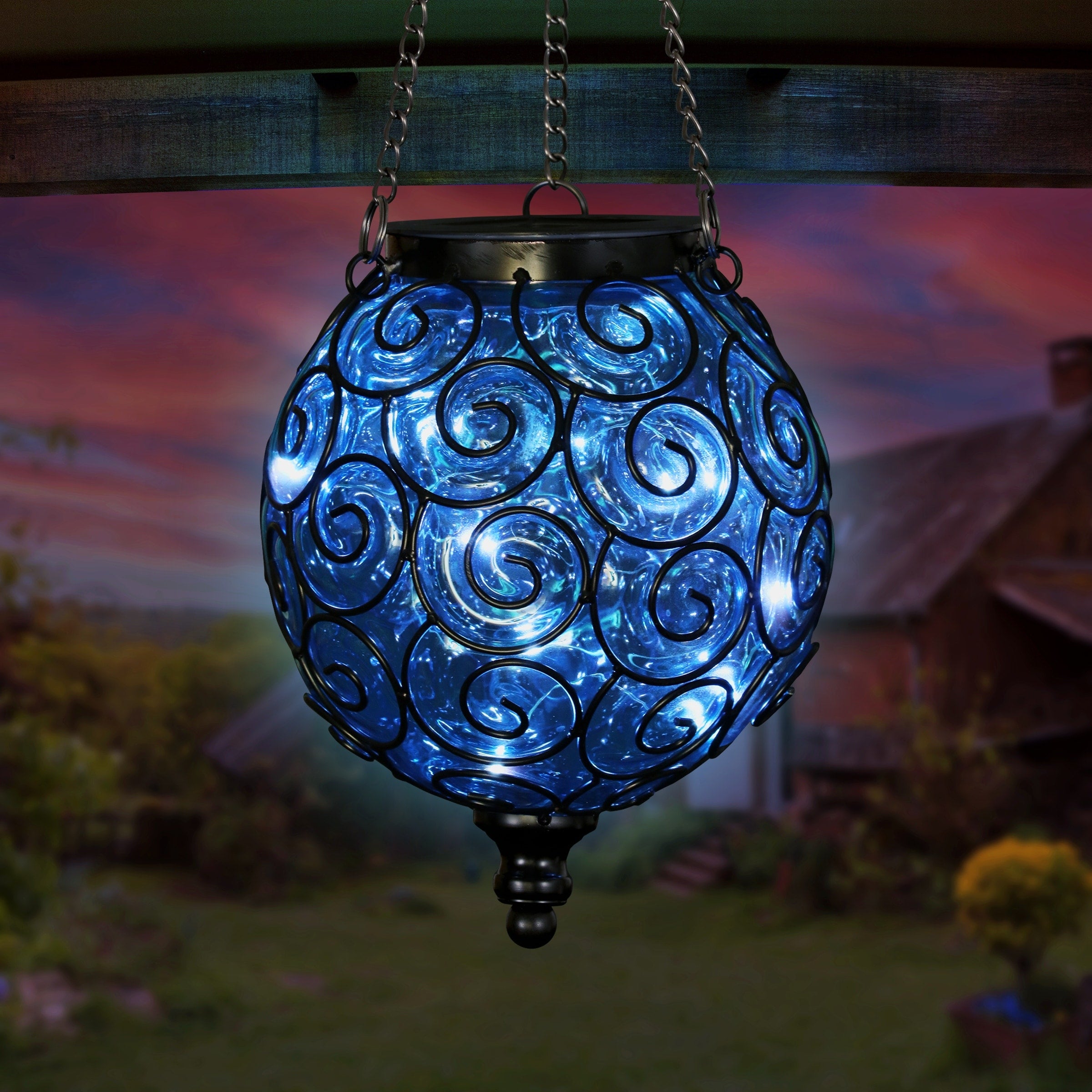 Exhart Solar Round Glass and Metal Hanging Lantern with 15 LED Fairy Firefly String Lights, 7 by 21 Inches