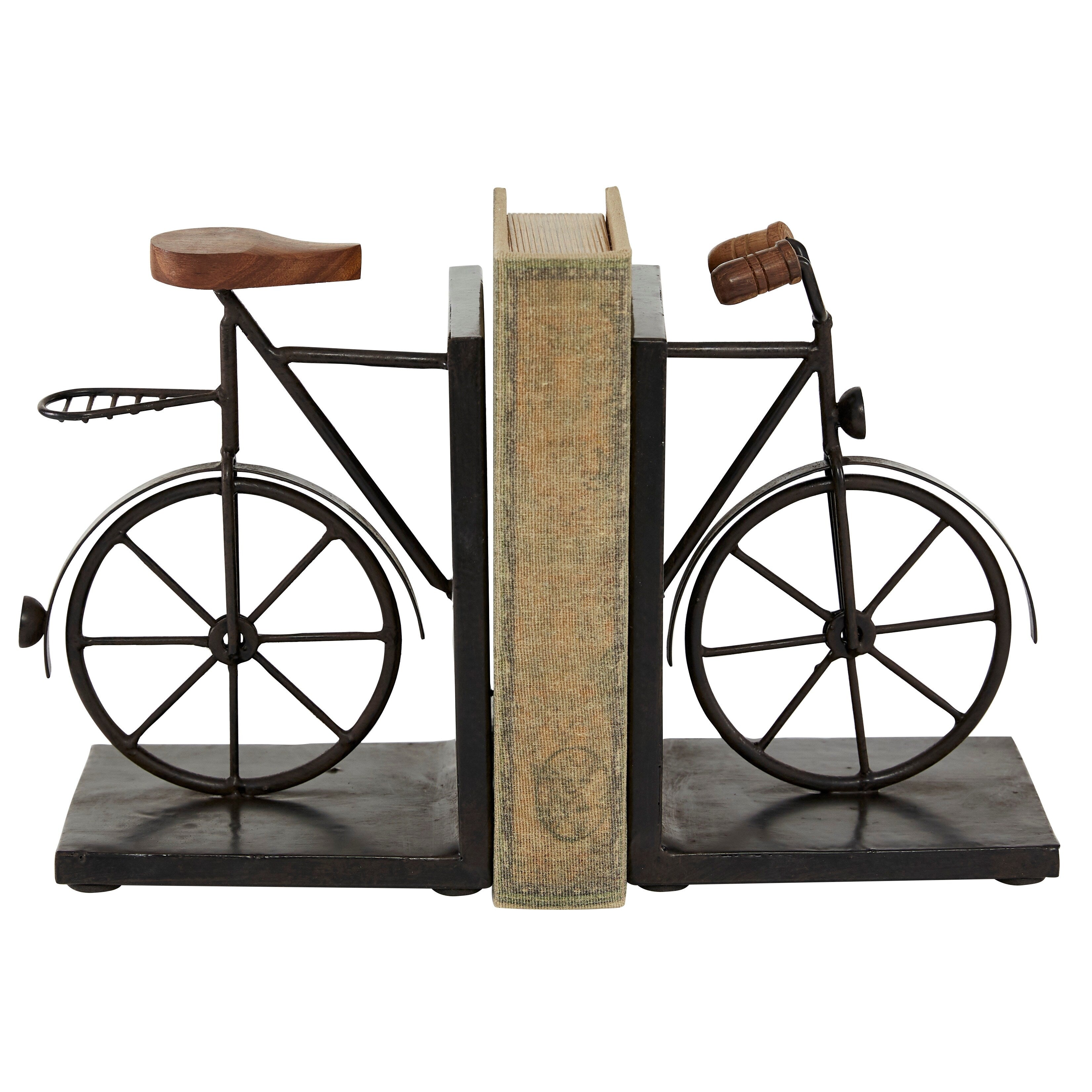 Black or Gold Metal Bike Bookends with Wood Accents (Set of 2)