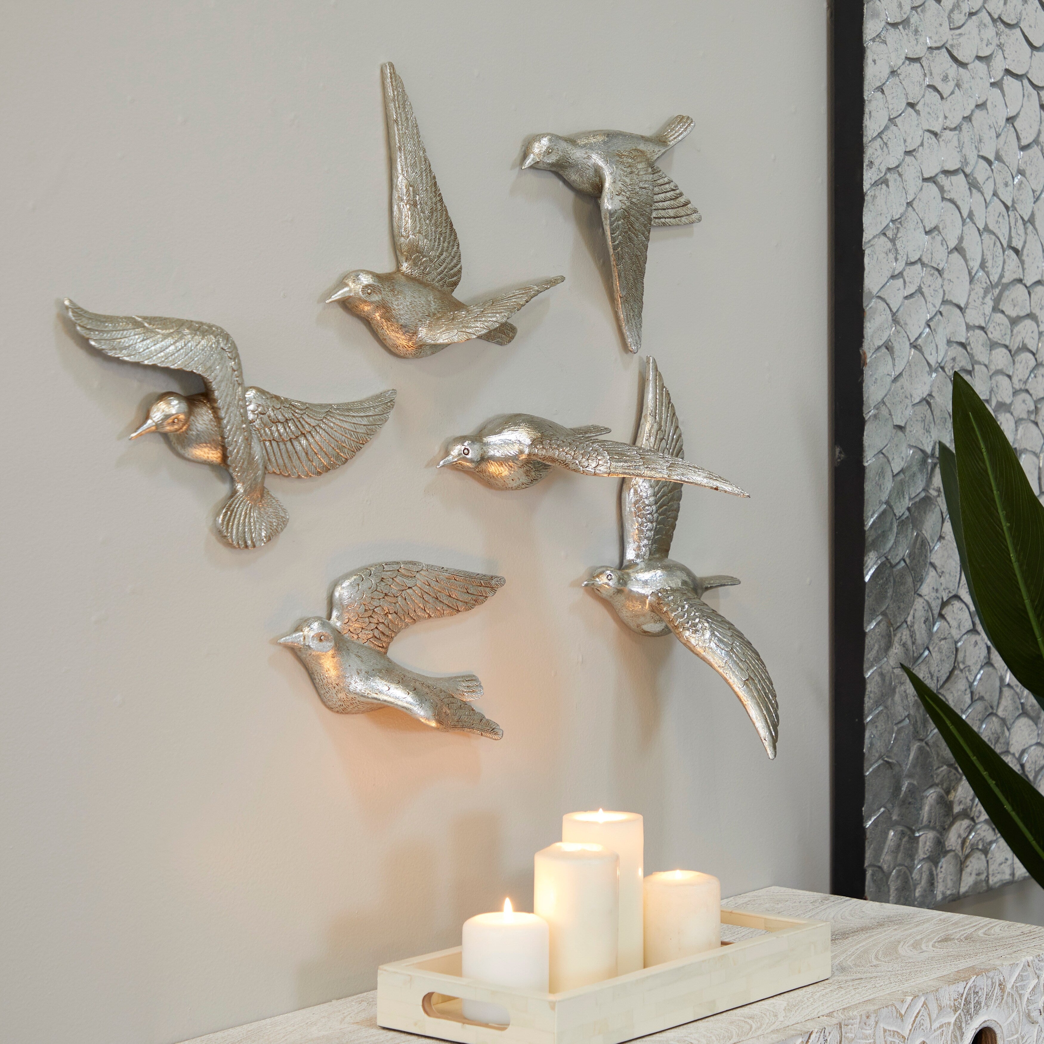 Artistic Polystone Floating Bird Wall Decor (Set of 6) - Gold, Brown, Silver